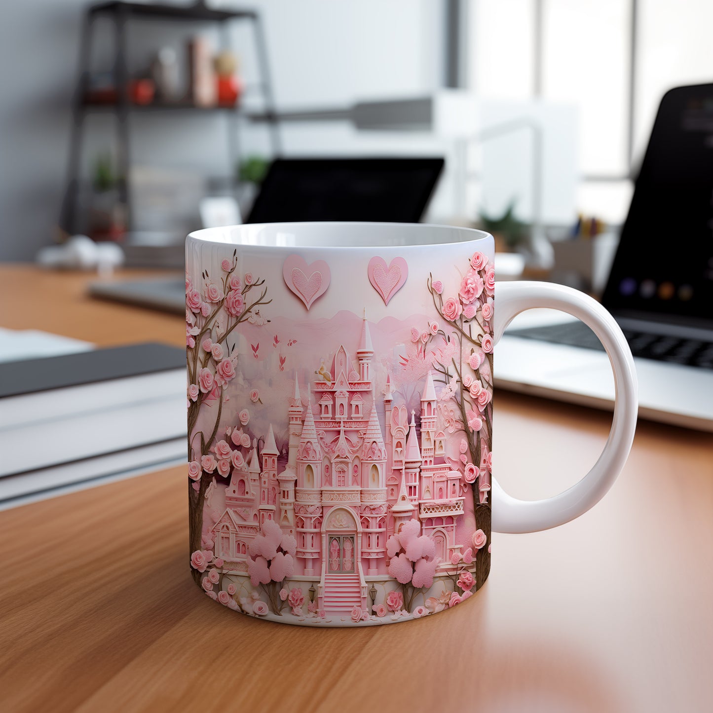 Hrnek romantický zámek v růžových odstínech