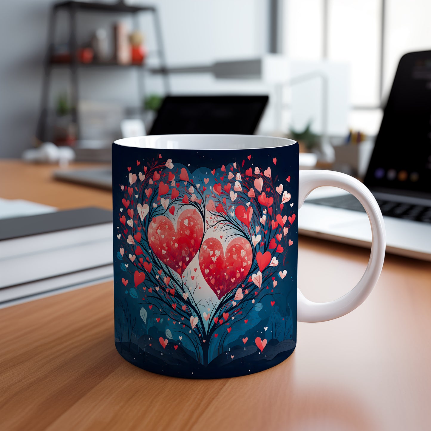 Hrnek s romantickým motivem srdcí na stromě