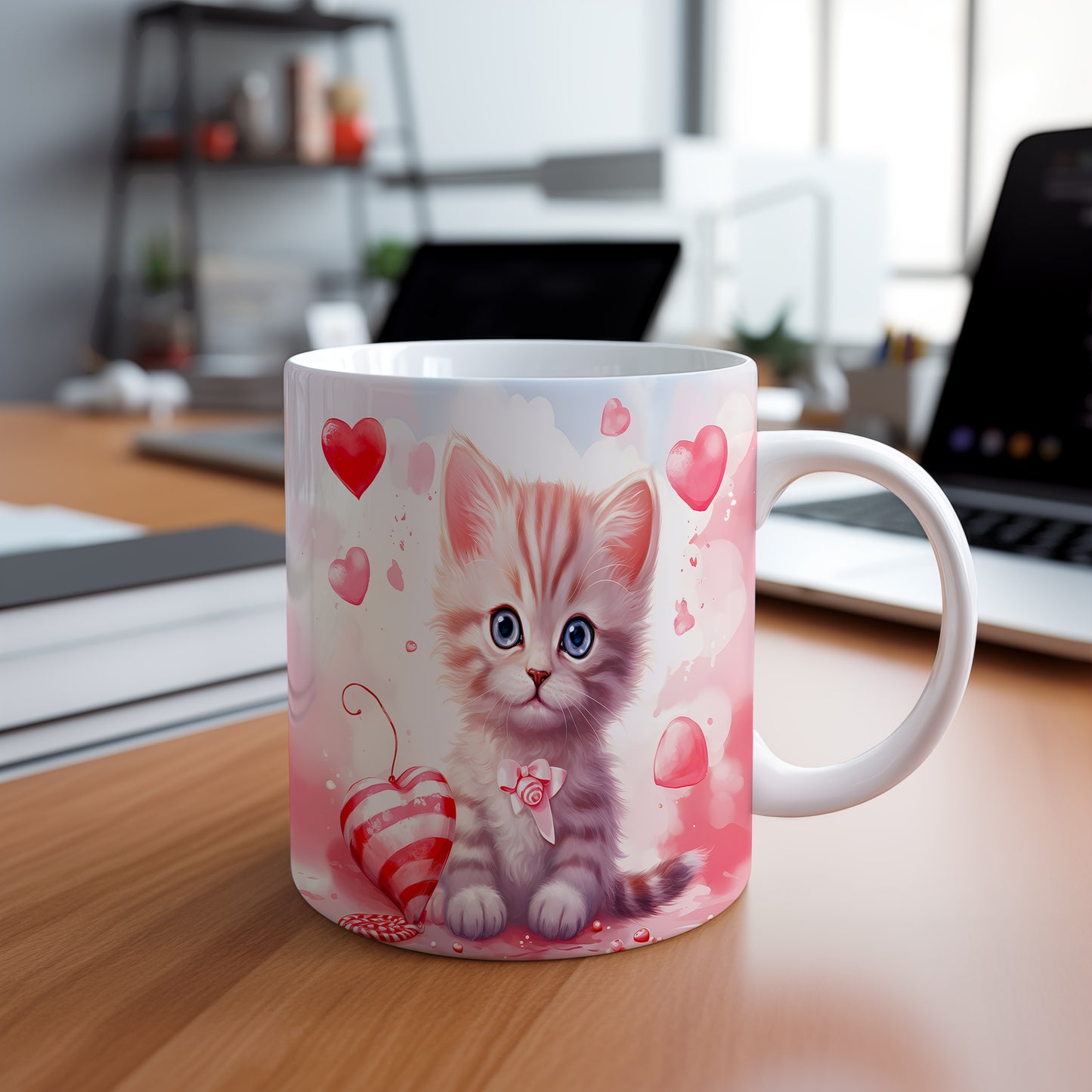 Hrnek s roztomilým koťátkem a srdíčky v pastelových barvách