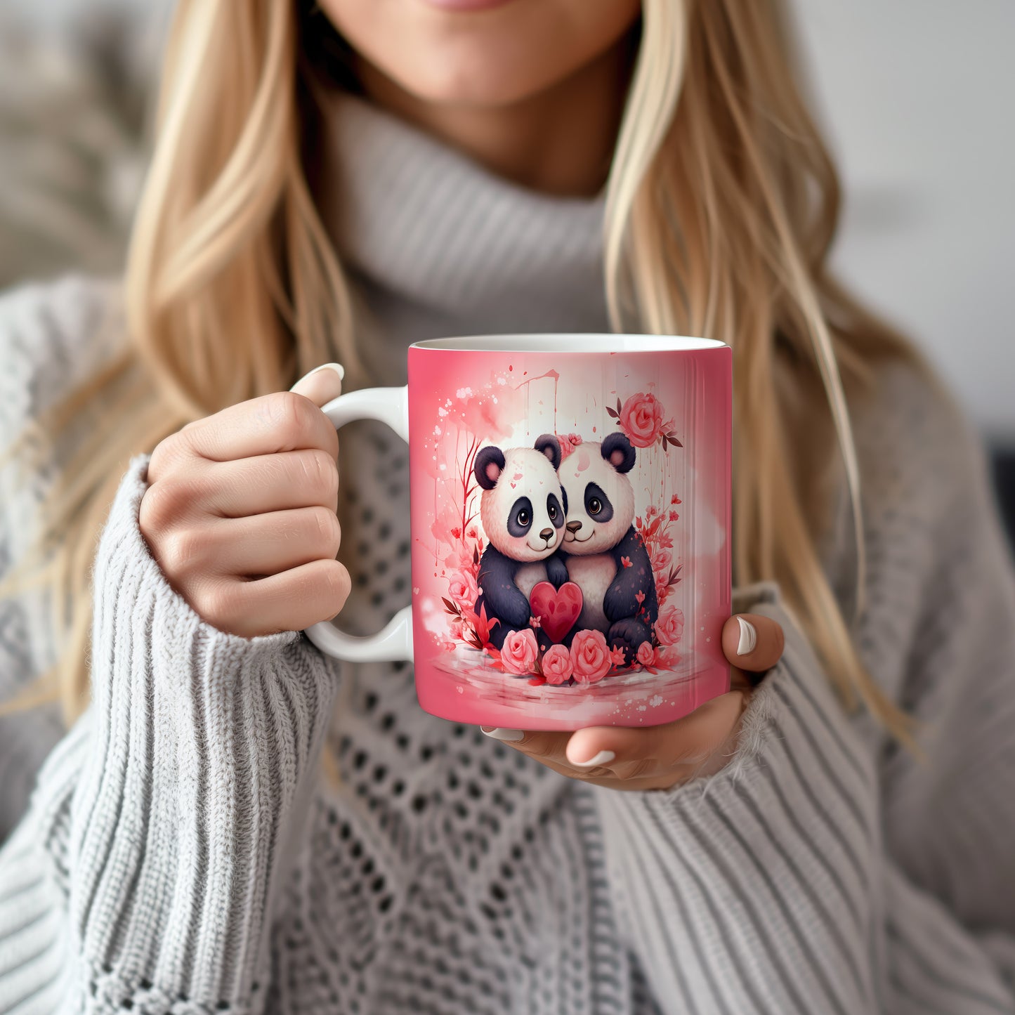 Hrnek s pandami a růžovým srdcem pro romantické chvíle
