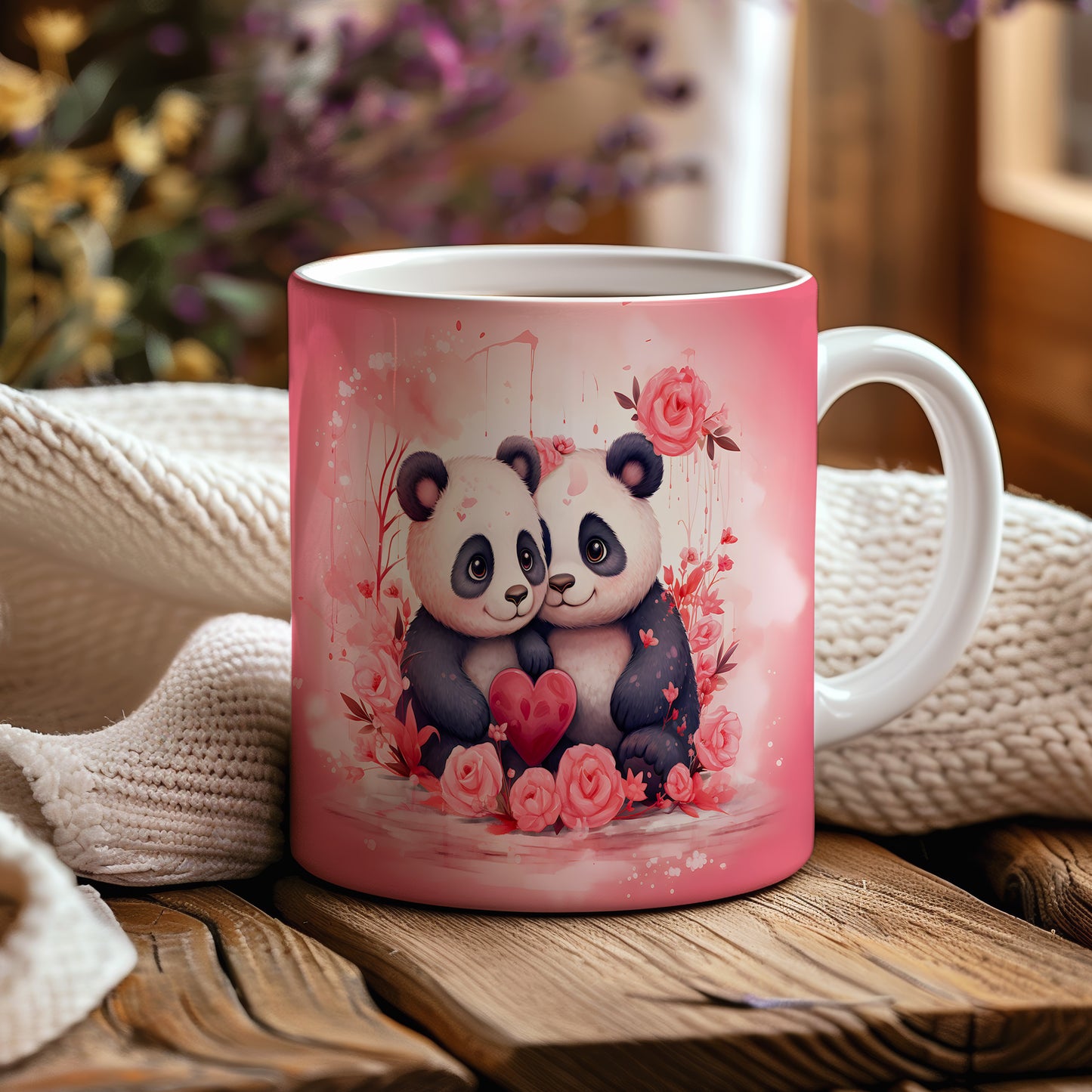 Hrnek s pandami a růžovým srdcem pro romantické chvíle