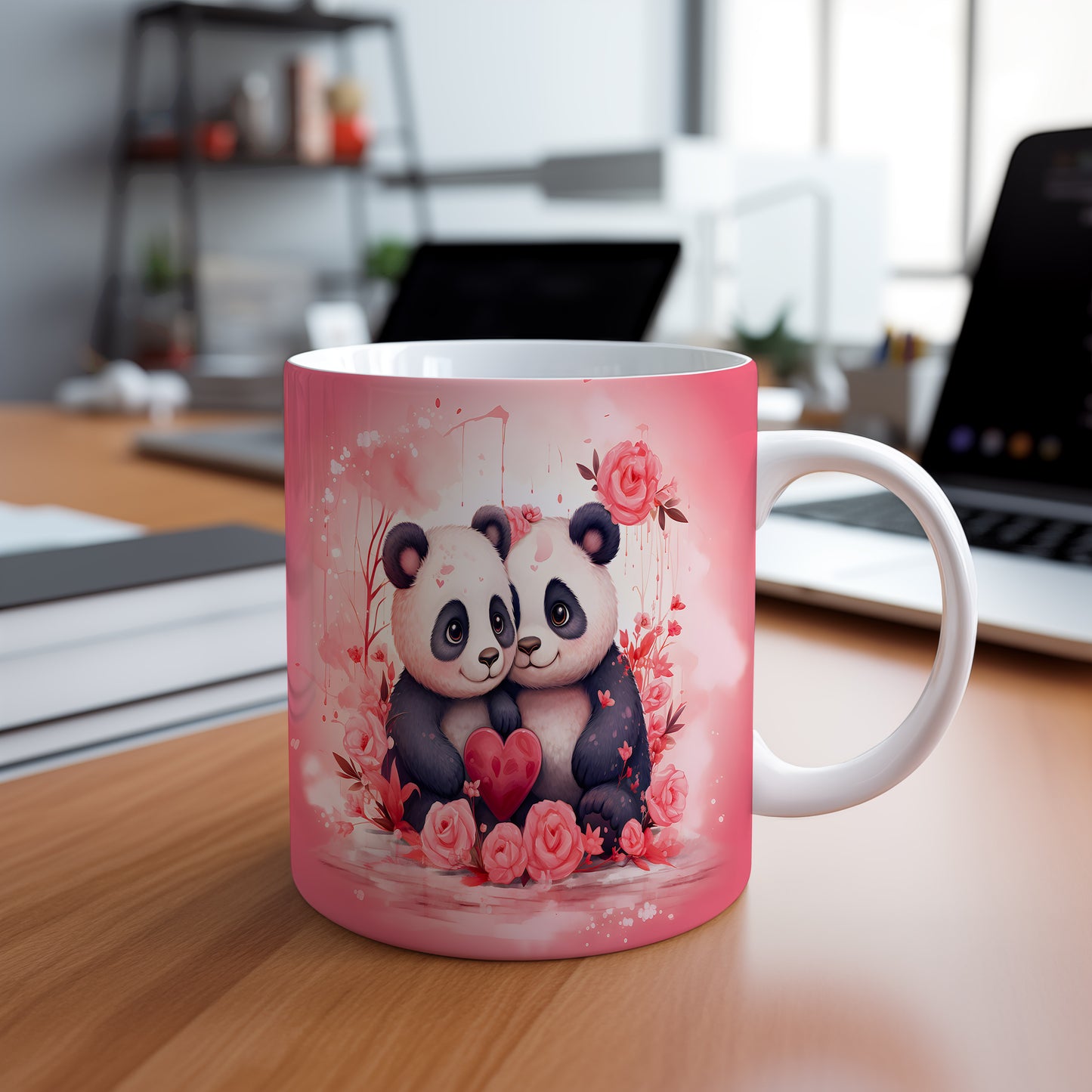 Hrnek s pandami a růžovým srdcem pro romantické chvíle