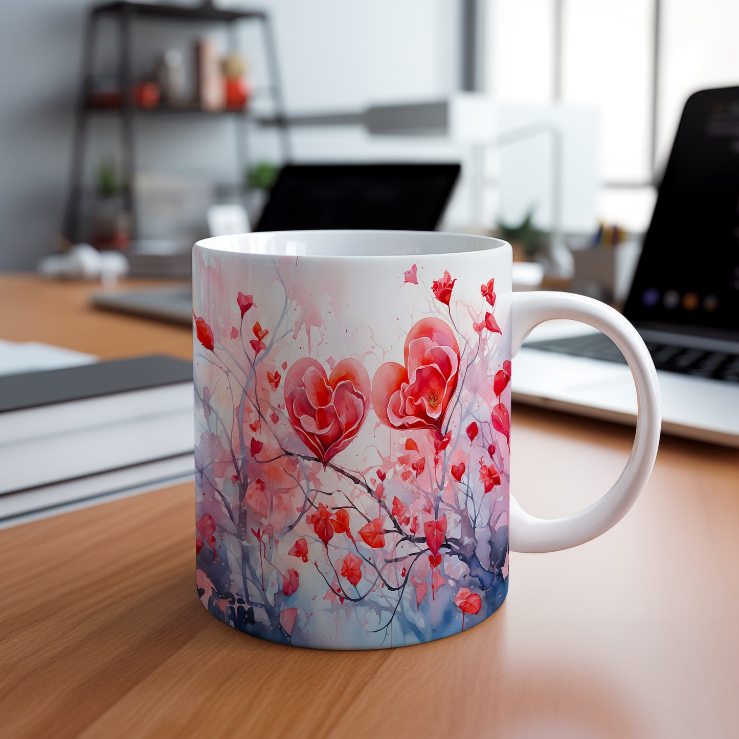 Hrnek s romantickým motivem srdcí a květin