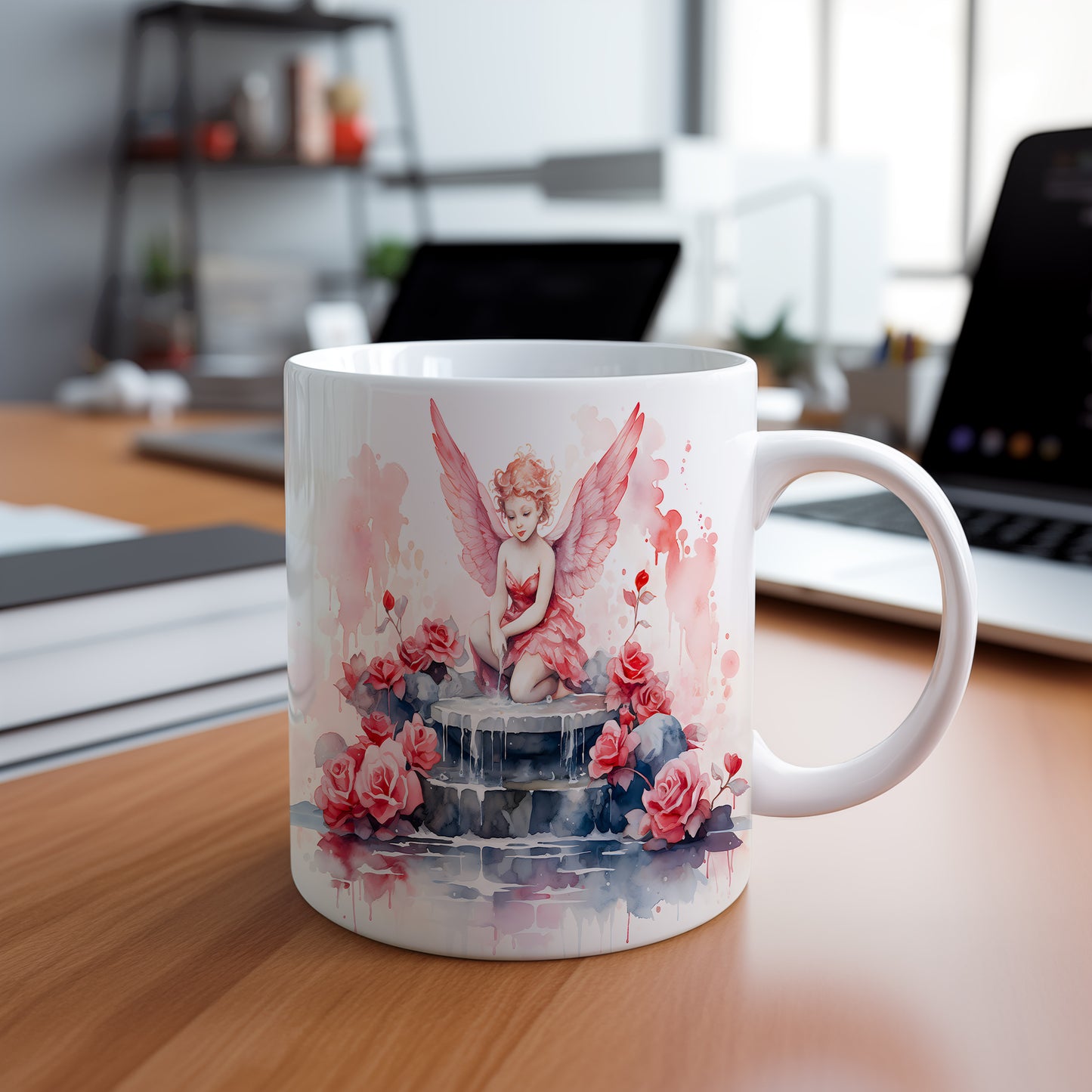 Hrnek s andílkem a růžemi v romantických barvách