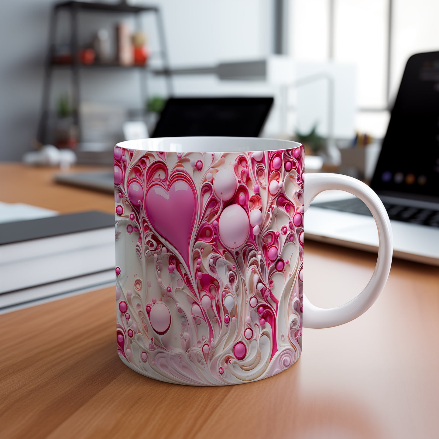 Hrnek s růžovým srdcem a abstraktními víry