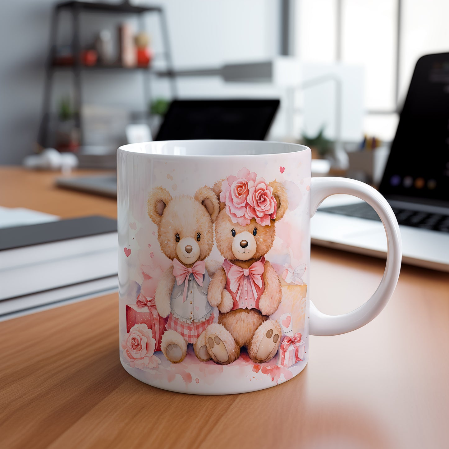 Hrnek s roztomilými medvídky a růžovými mašličkami