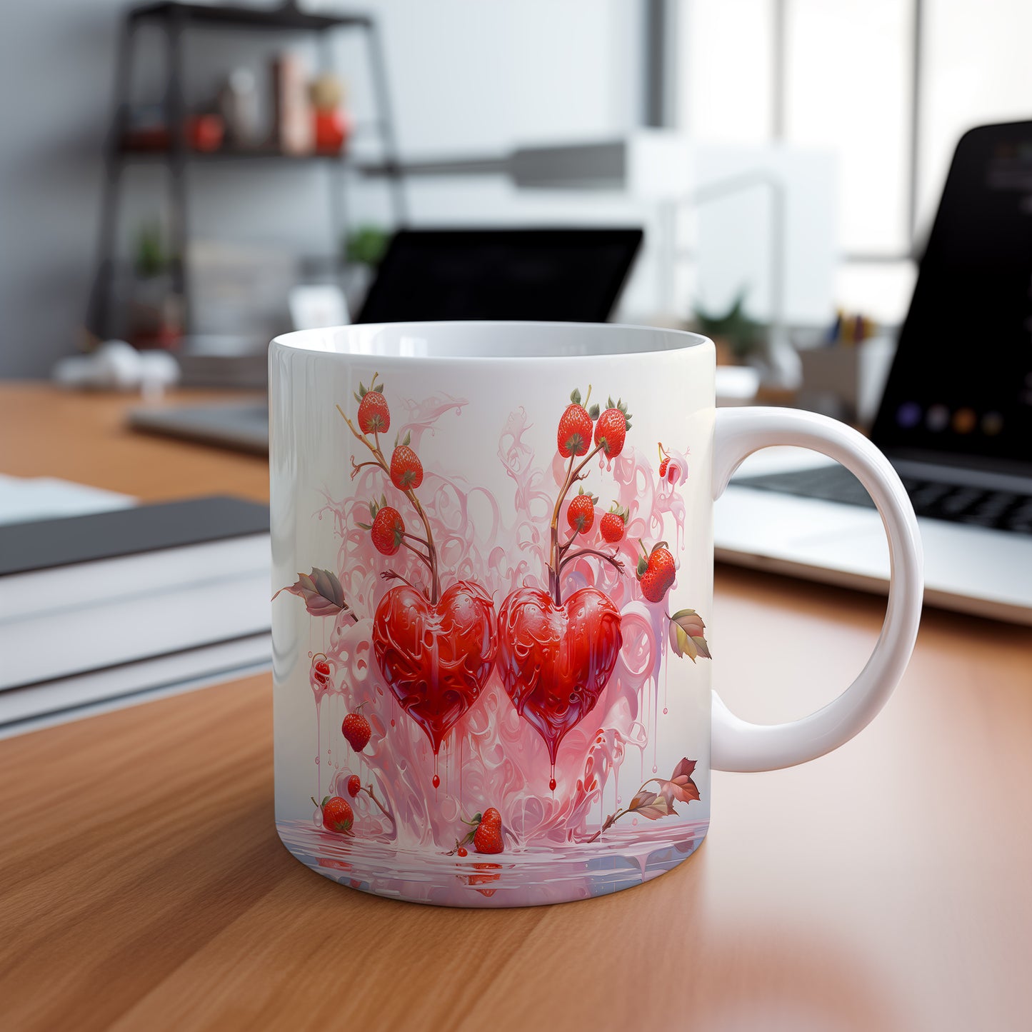 Hrnek s jahodovými srdci v romantickém stylu