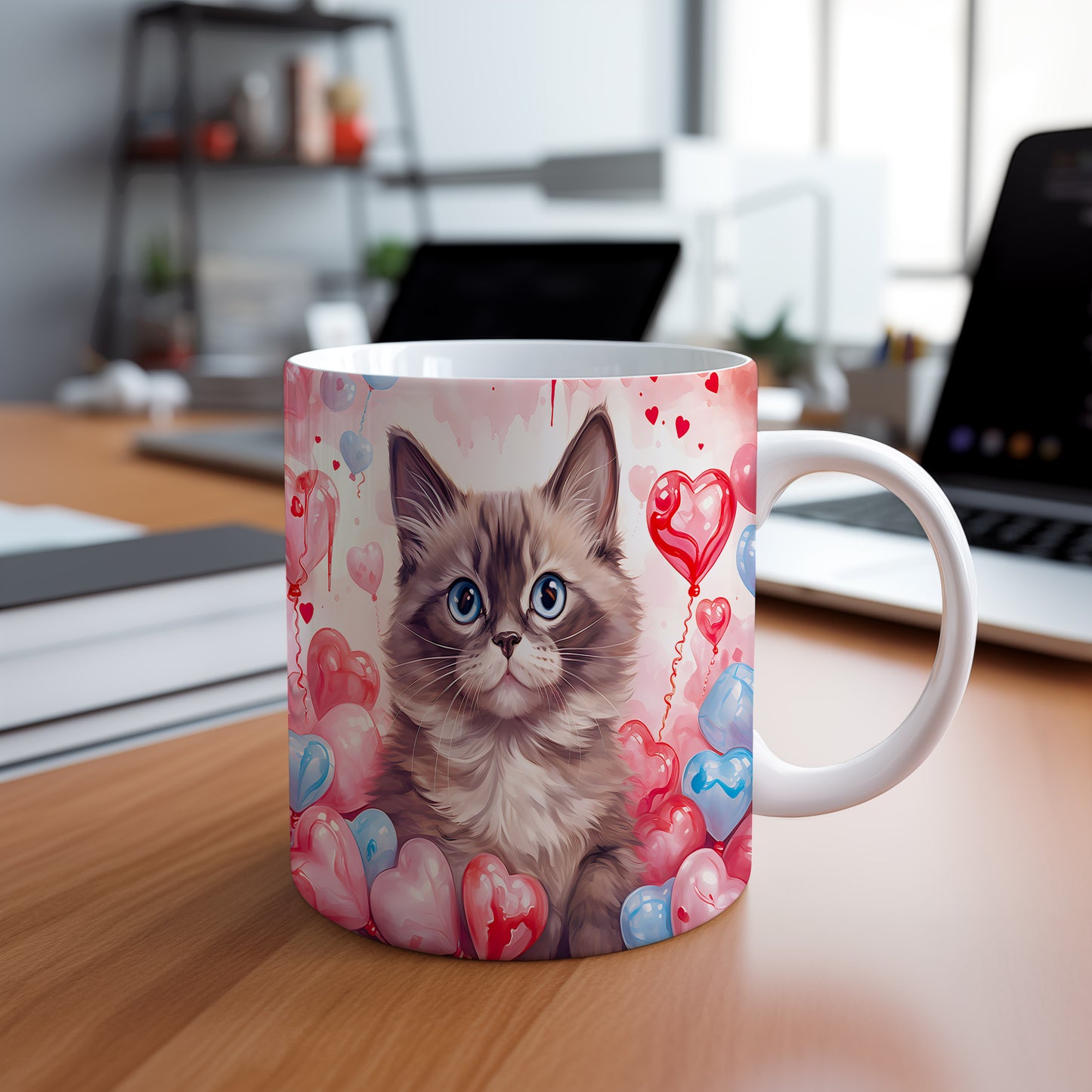 Hrnek s kočičkou a pastelovými srdíčky