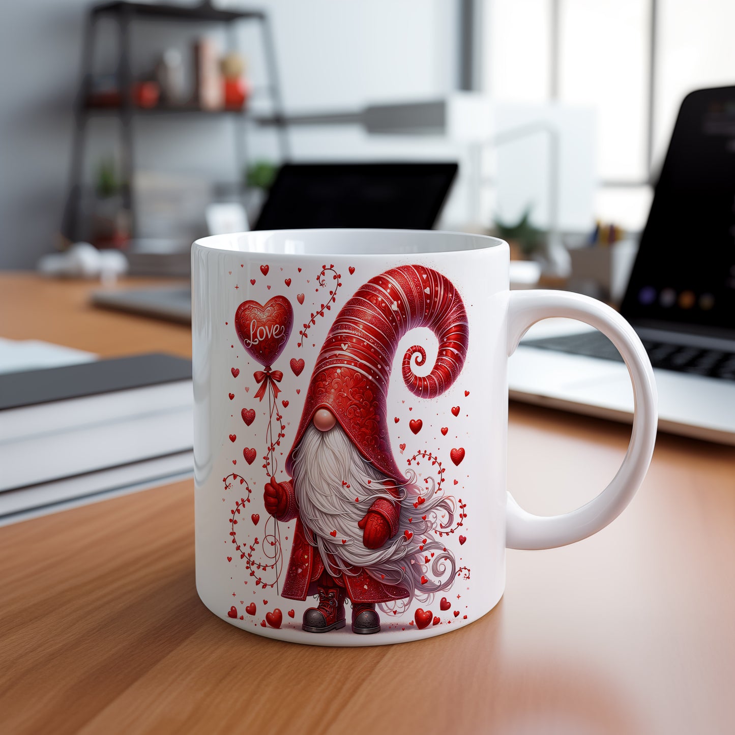 Hrnek s červeným skřítkem a srdíčky