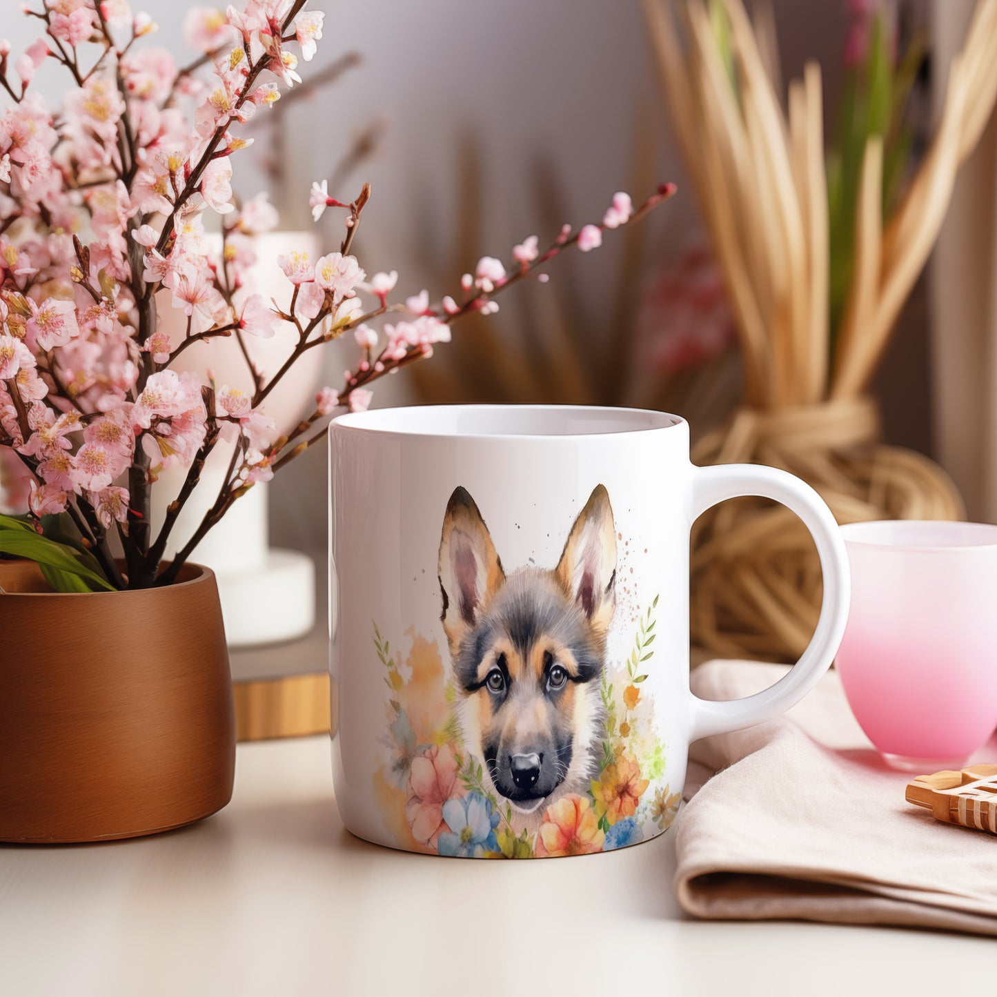 Hrnek s německým ovčákem a květinami – výrazným designem