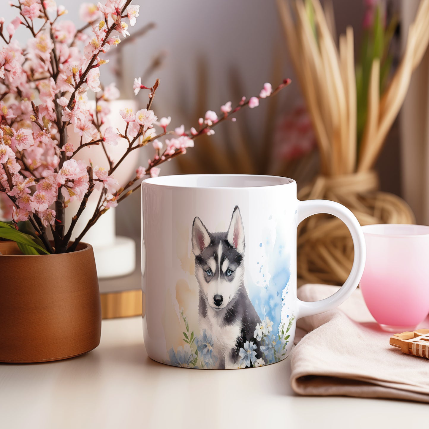 Hrnek s roztomilým husky štěnětem