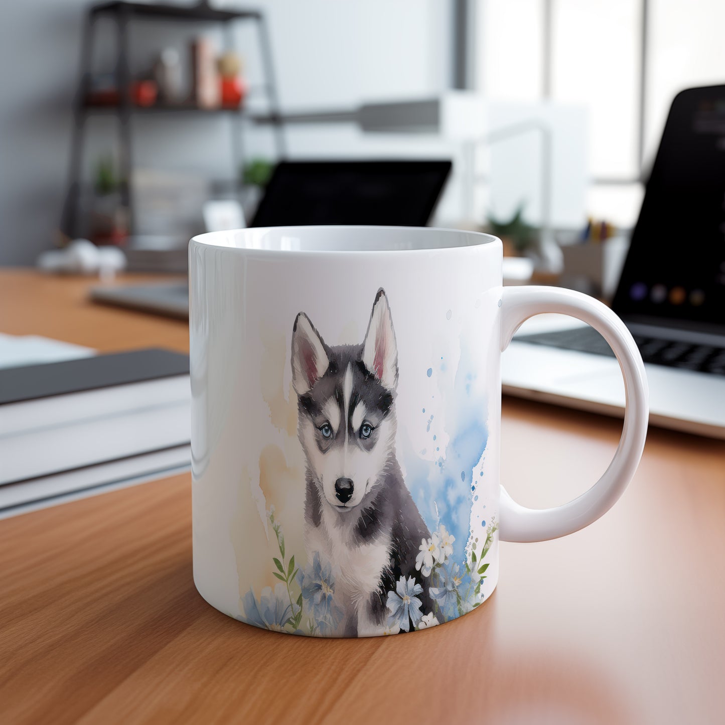Hrnek s roztomilým husky štěnětem