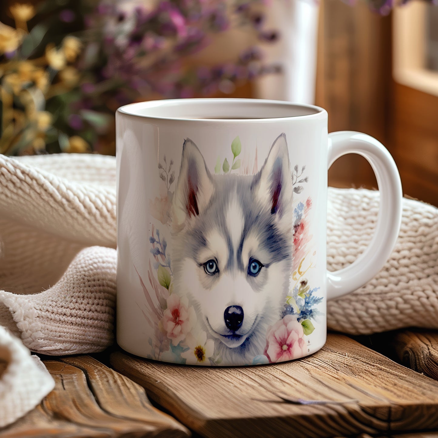 Hrnek s huskym a květinami