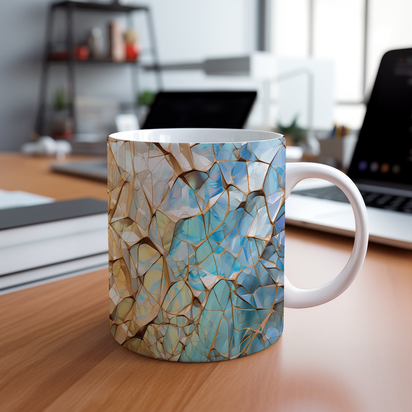 Hrnek s elegantní mozaikou v modrých a zlatých tónech