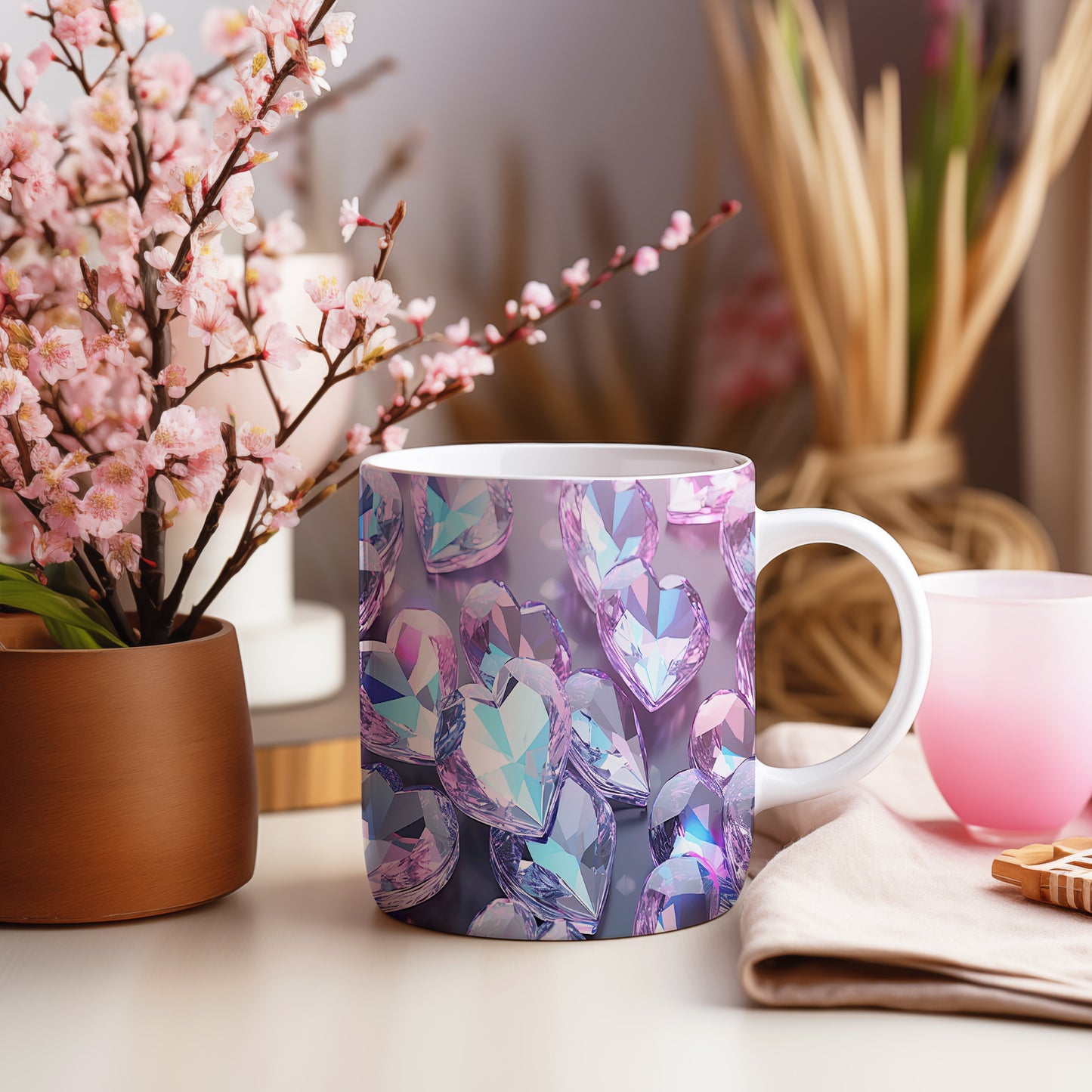 Hrnek s krystalickou mozaikou v růžových a modrých tónech – 3D efektem