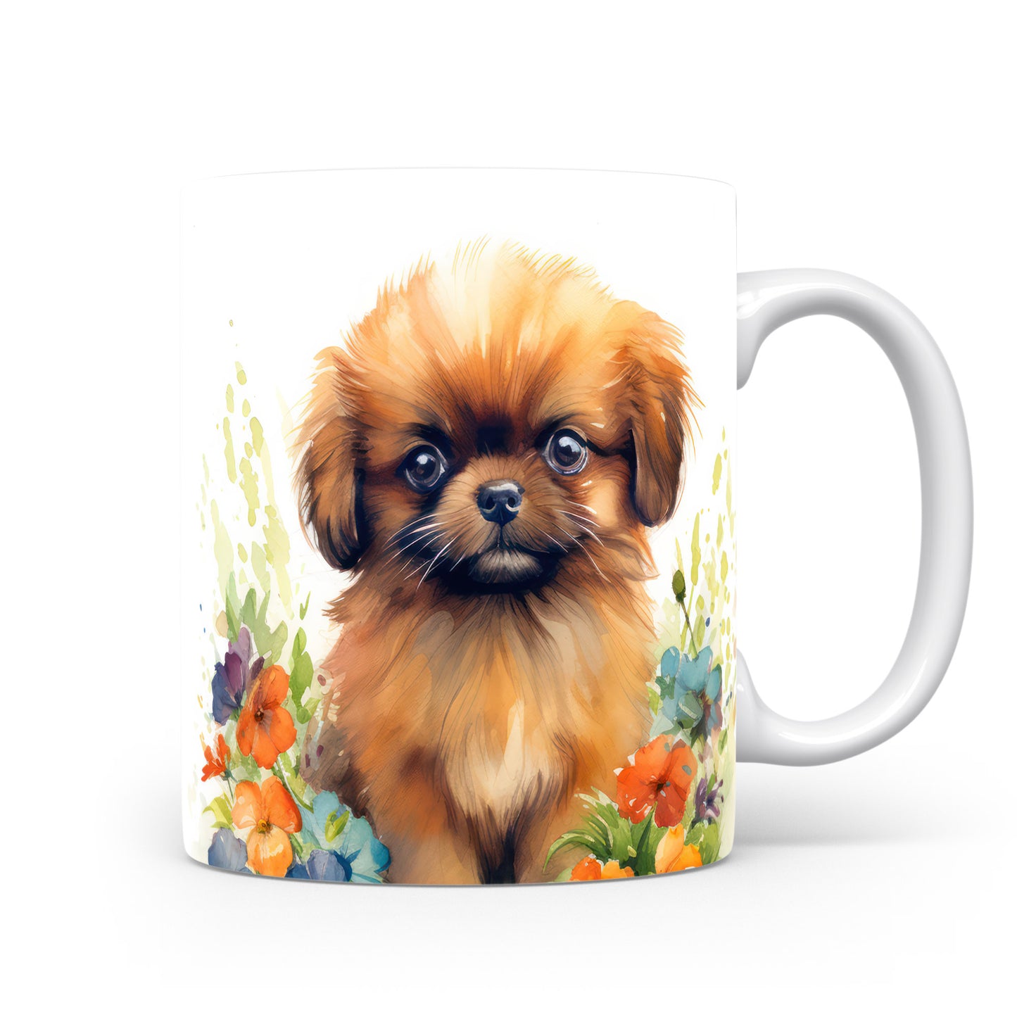 Hrnek s pekingese a květinovým vzorem v hnědých tónech