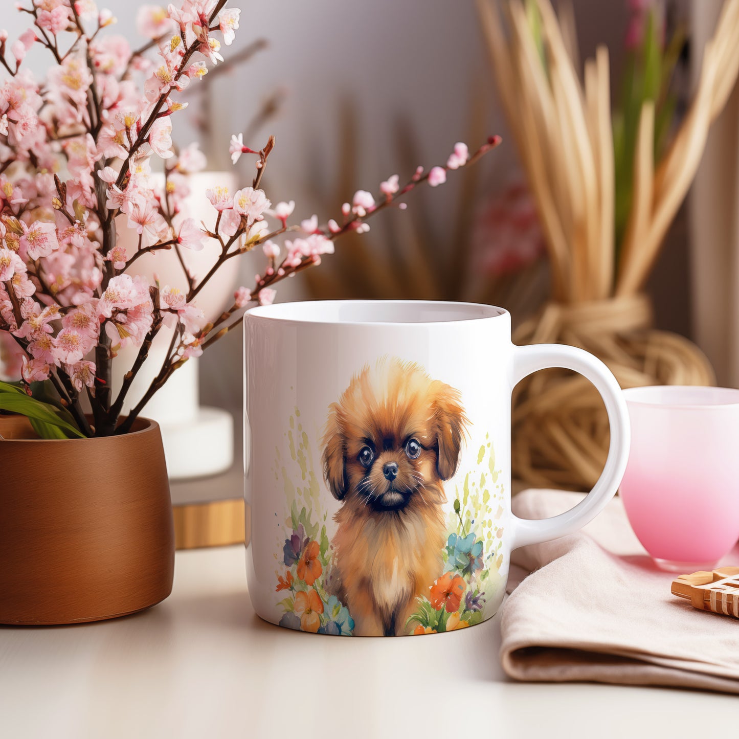 Hrnek s pekingese a květinovým vzorem v hnědých tónech