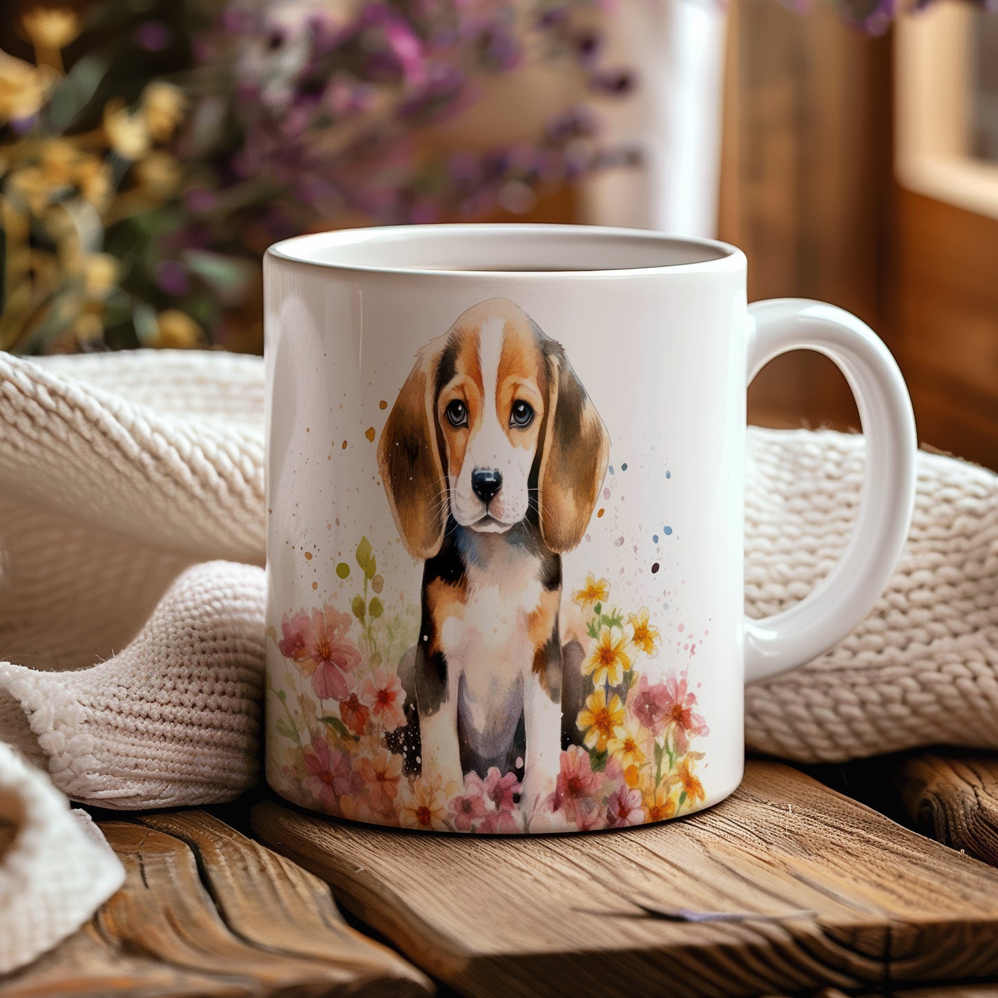 Hrnek s roztomilým štěnětem plemene beagle a květinami