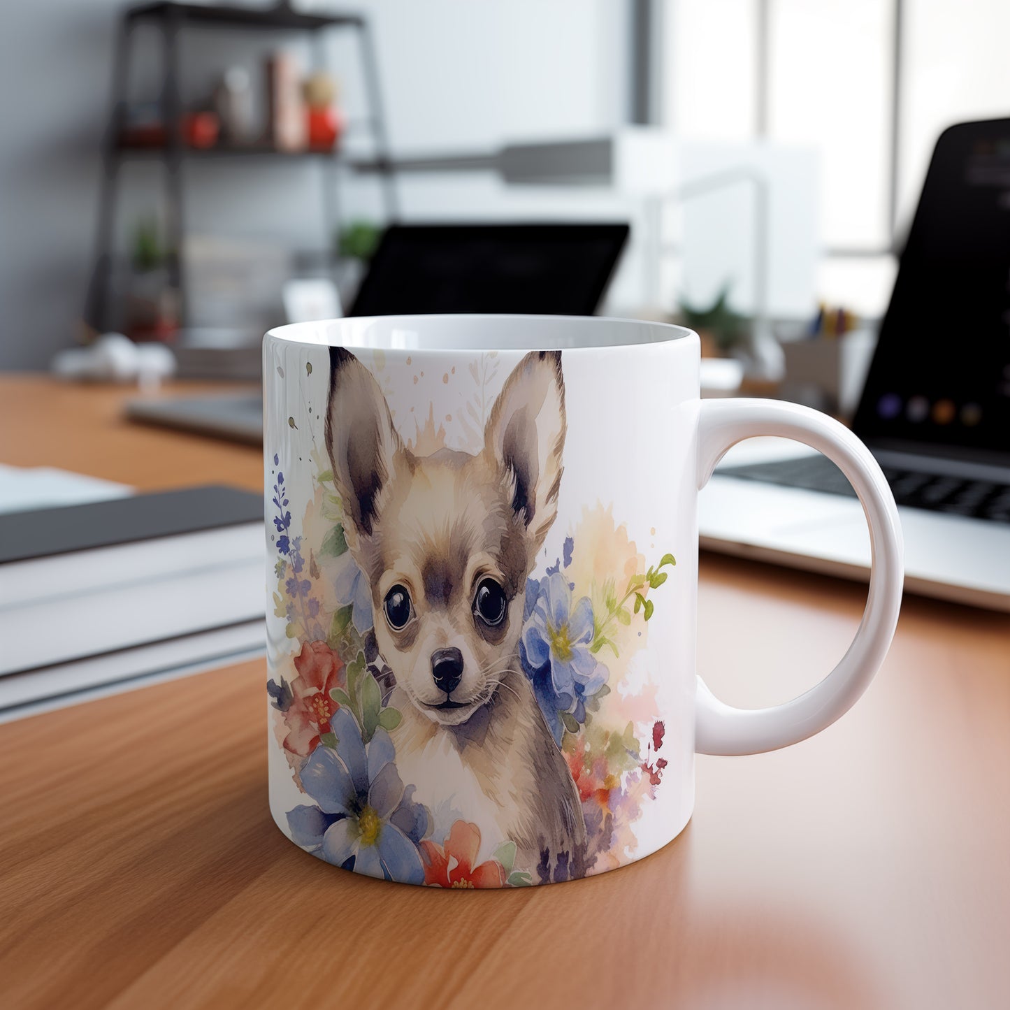 Hrnek s potiskem čivavy a květin - originální design