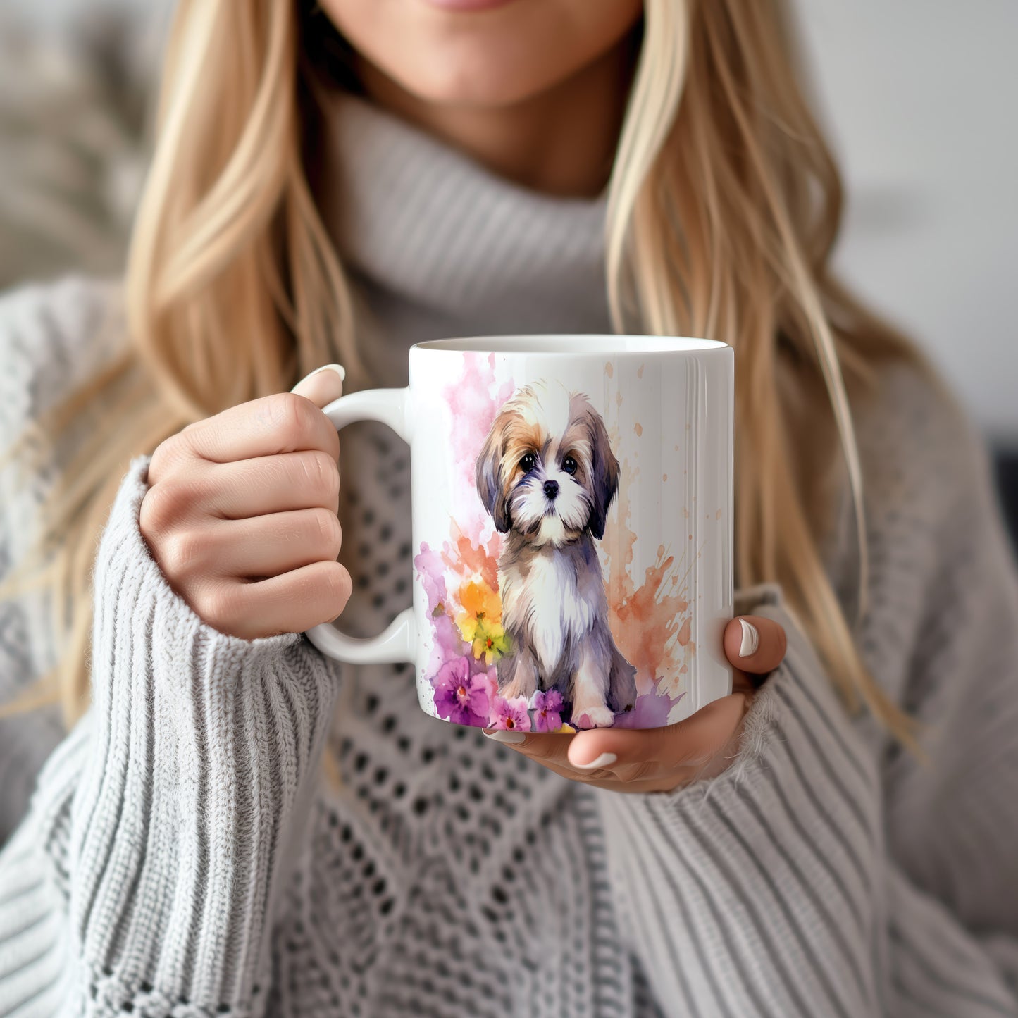 Hrnek s roztomilým štěňátkem a květinami (shih tzu · psi #2)