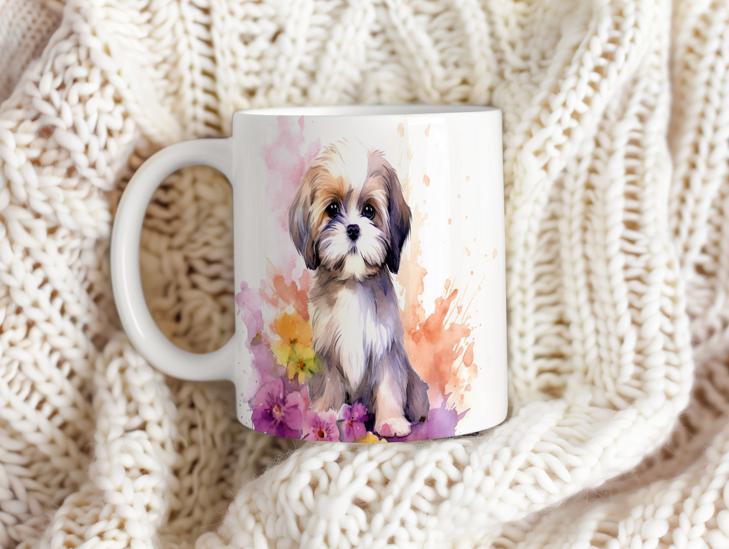 Hrnek s roztomilým štěňátkem a květinami (shih tzu · psi #2)