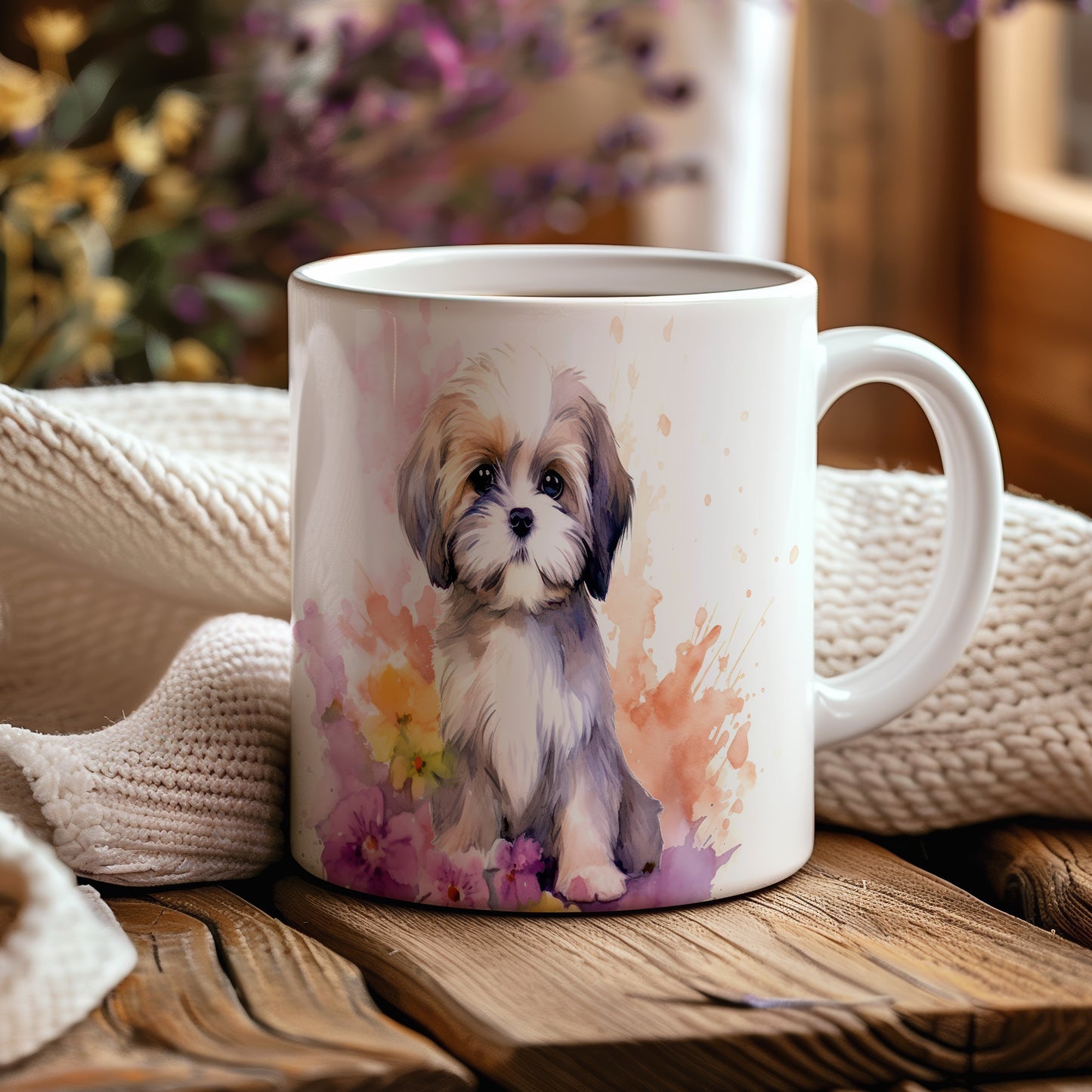 Hrnek s roztomilým štěňátkem a květinami (shih tzu · psi #2)