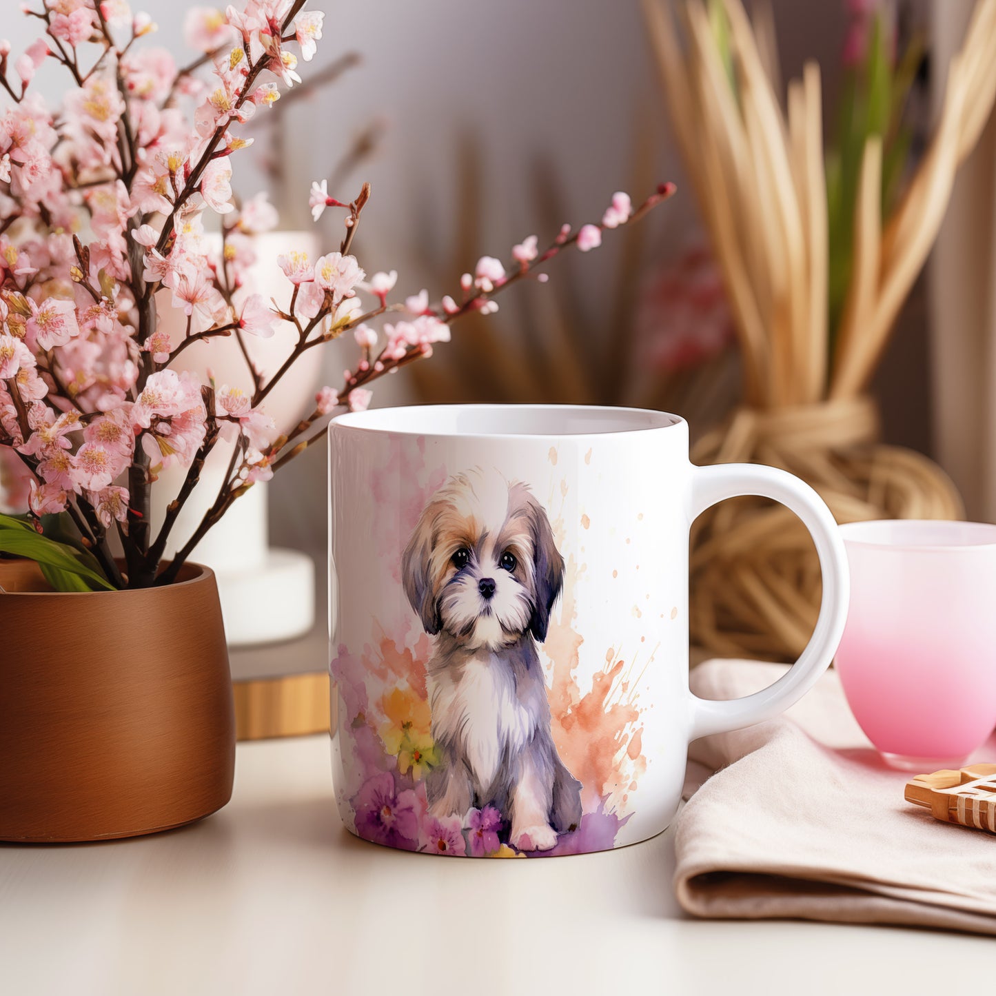 Hrnek s roztomilým štěňátkem a květinami (shih tzu · psi #2)