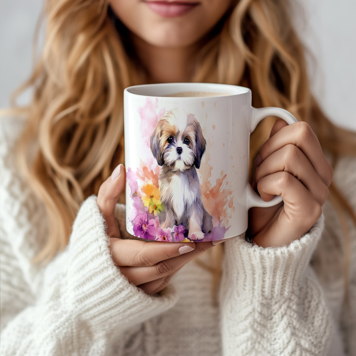 Hrnek s roztomilým štěňátkem a květinami (shih tzu · psi #2)