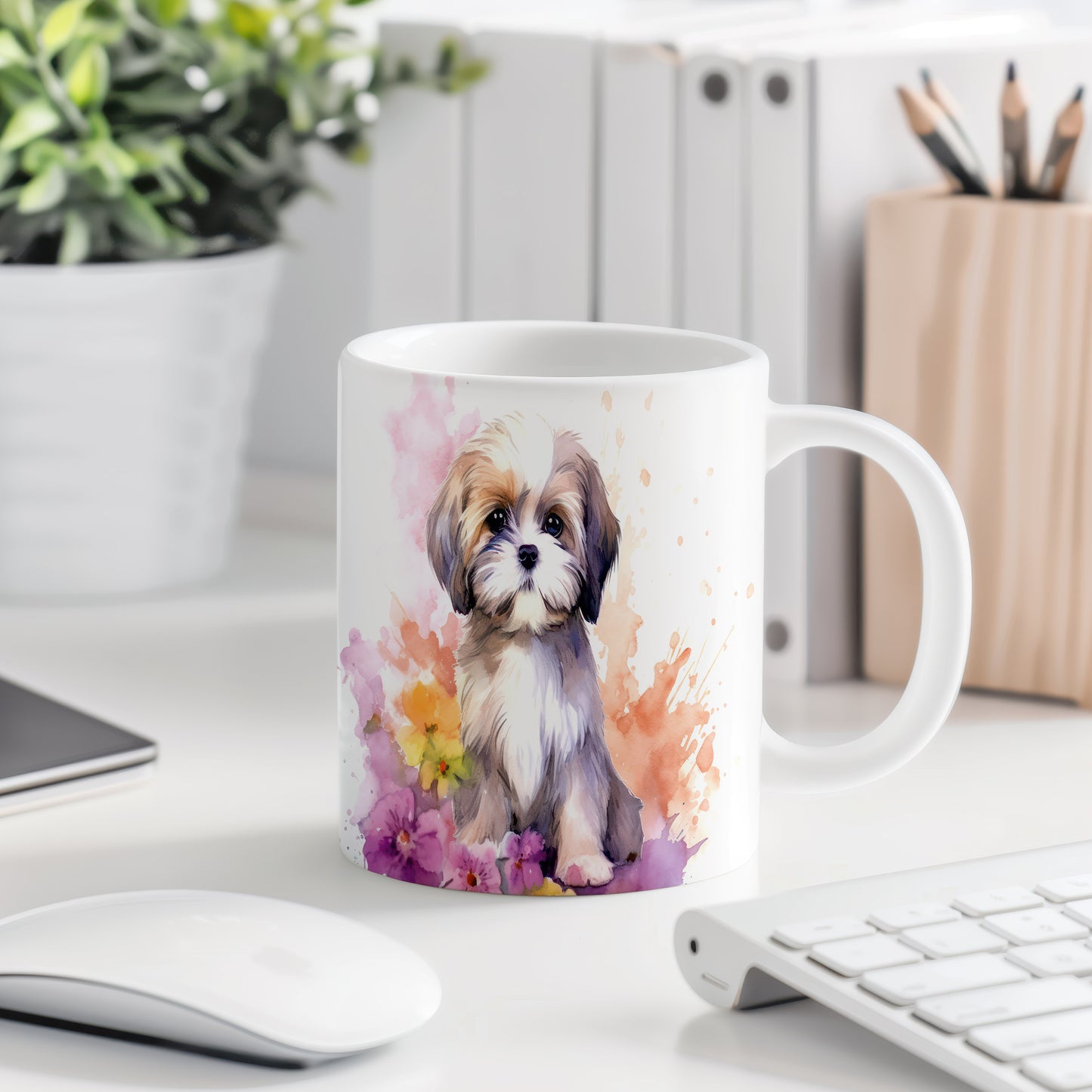 Hrnek s roztomilým štěňátkem a květinami (shih tzu · psi #2)