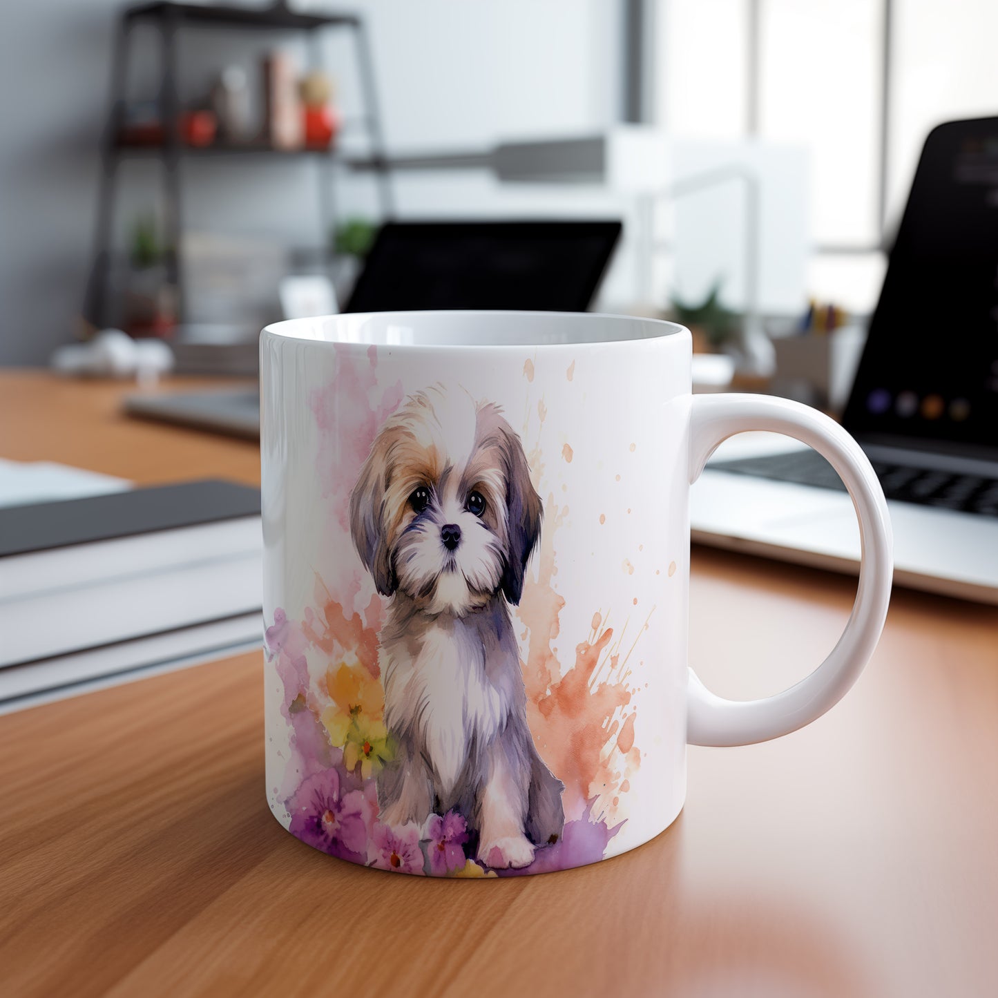 Hrnek s roztomilým štěňátkem a květinami (shih tzu · psi #2)