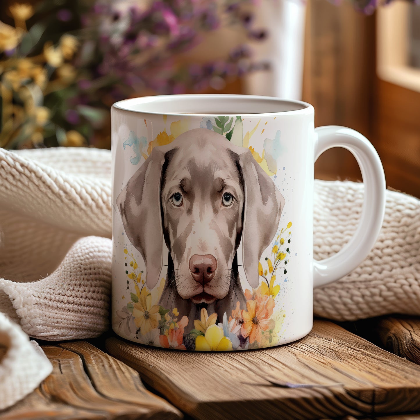 Hrnek s portrétem labradora a barevnými květinami