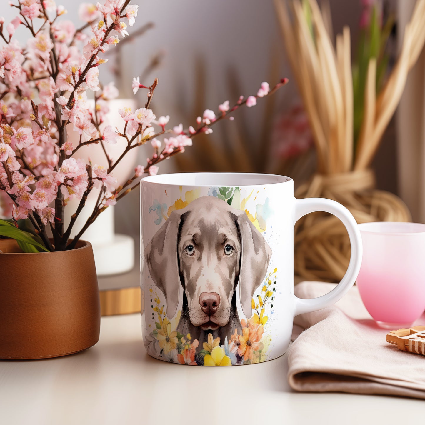 Hrnek s portrétem labradora a barevnými květinami