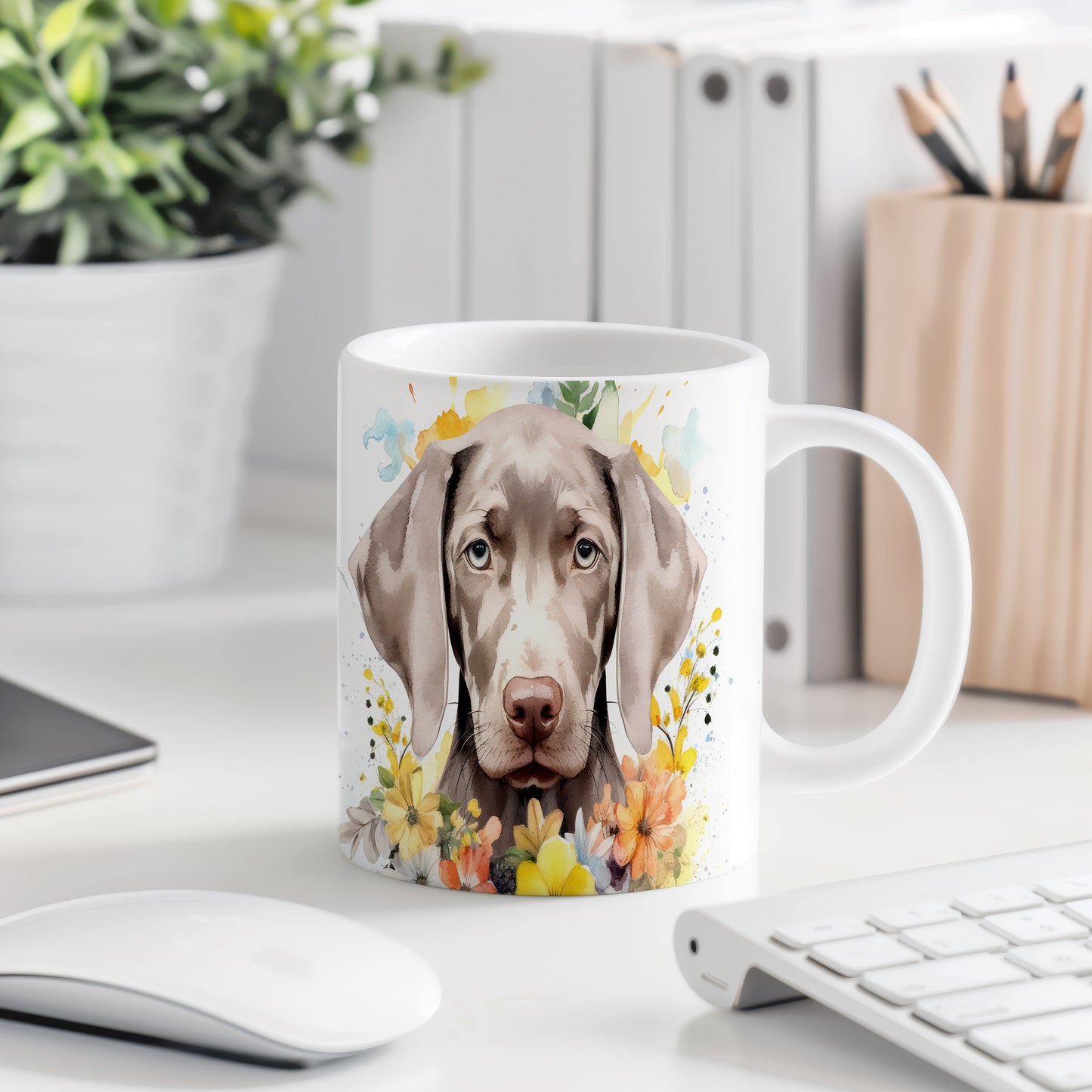 Hrnek s portrétem labradora a barevnými květinami