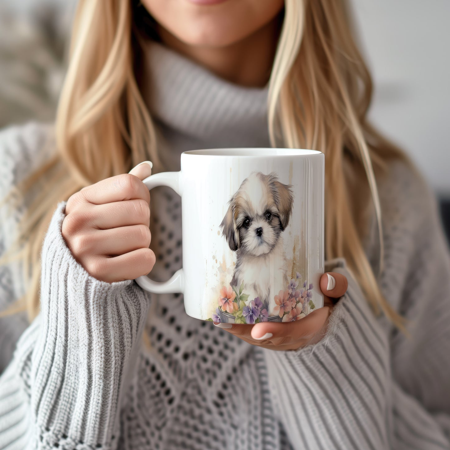 Hrnek s roztomilým shih tzu a květinami v béžových tónech