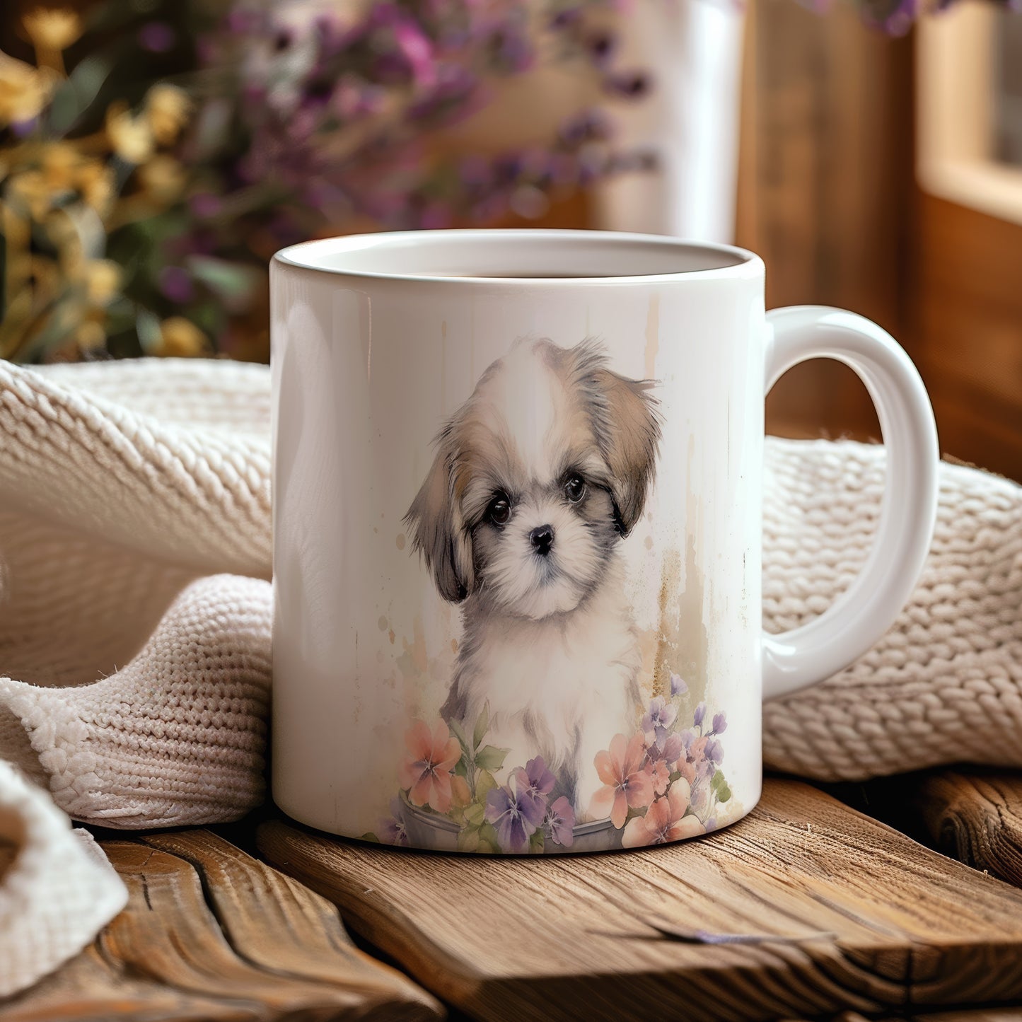 Hrnek s roztomilým shih tzu a květinami v béžových tónech