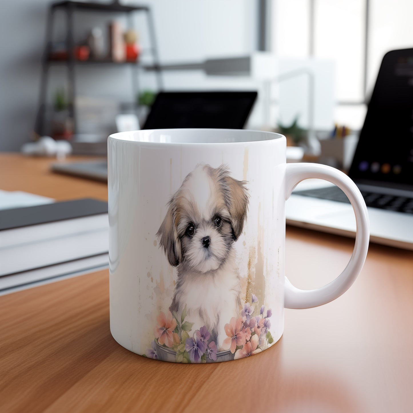 Hrnek s roztomilým shih tzu a květinami v béžových tónech
