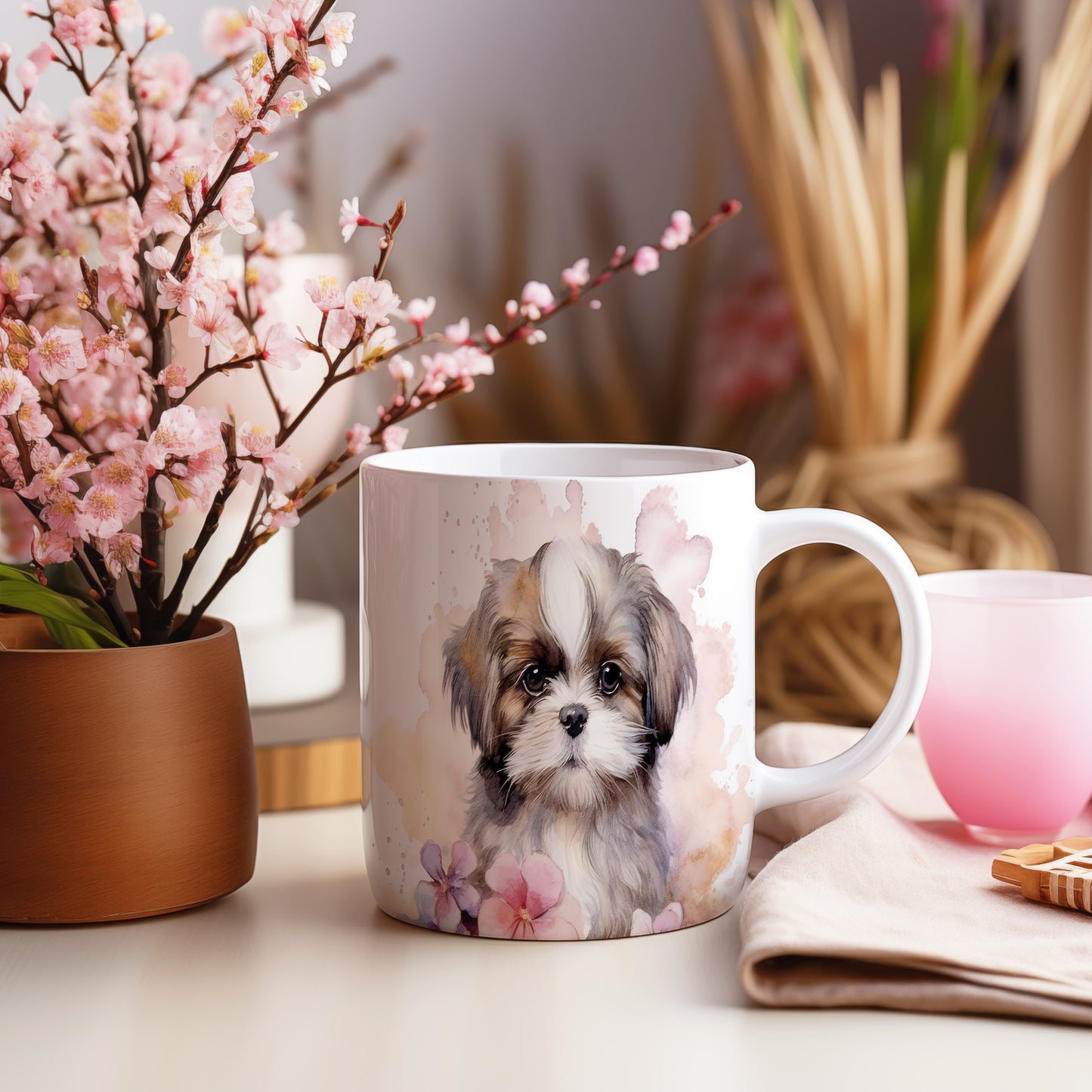 Hrnek s roztomilým shih tzu a pastelovým květinovým motivem