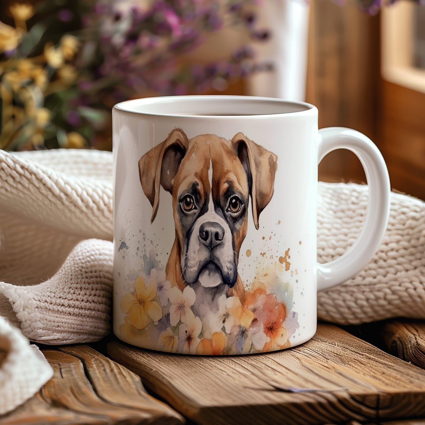 Hrnek s obrazem boxera mezi květinami - originální design