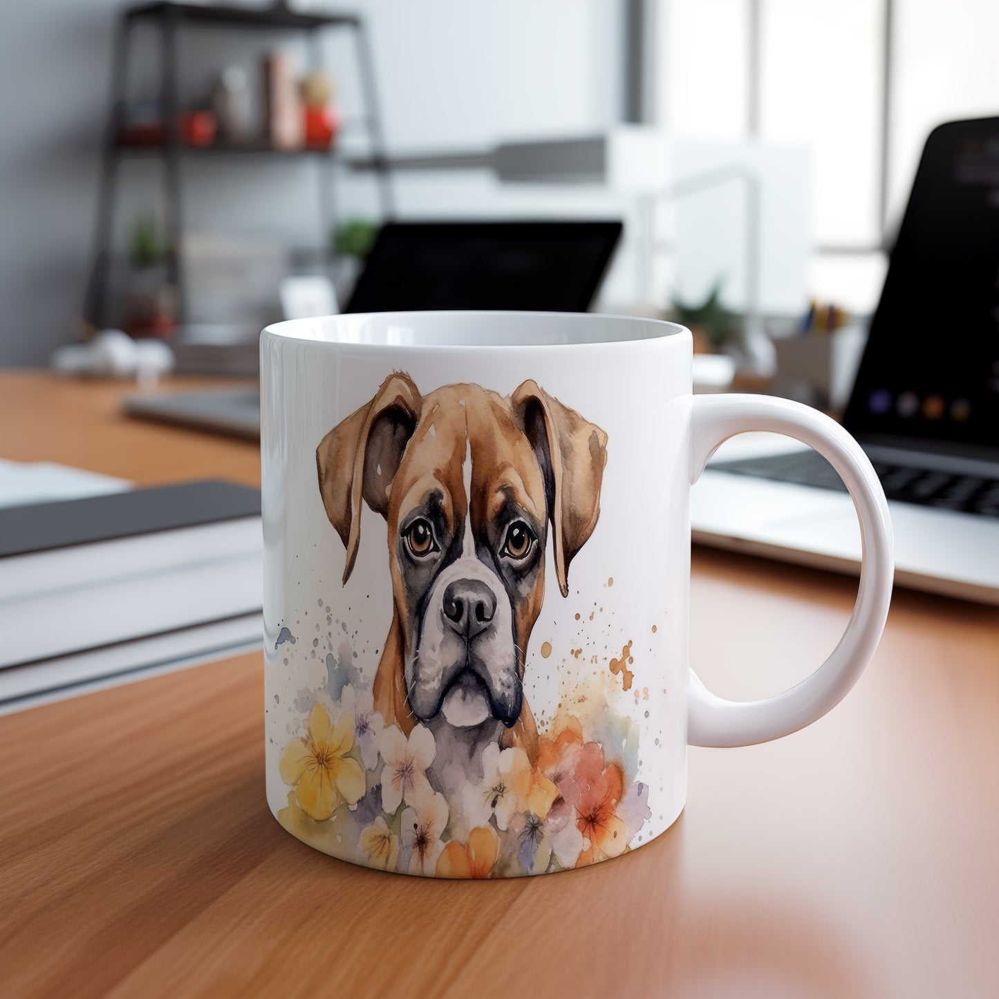 Hrnek s obrazem boxera mezi květinami - originální design
