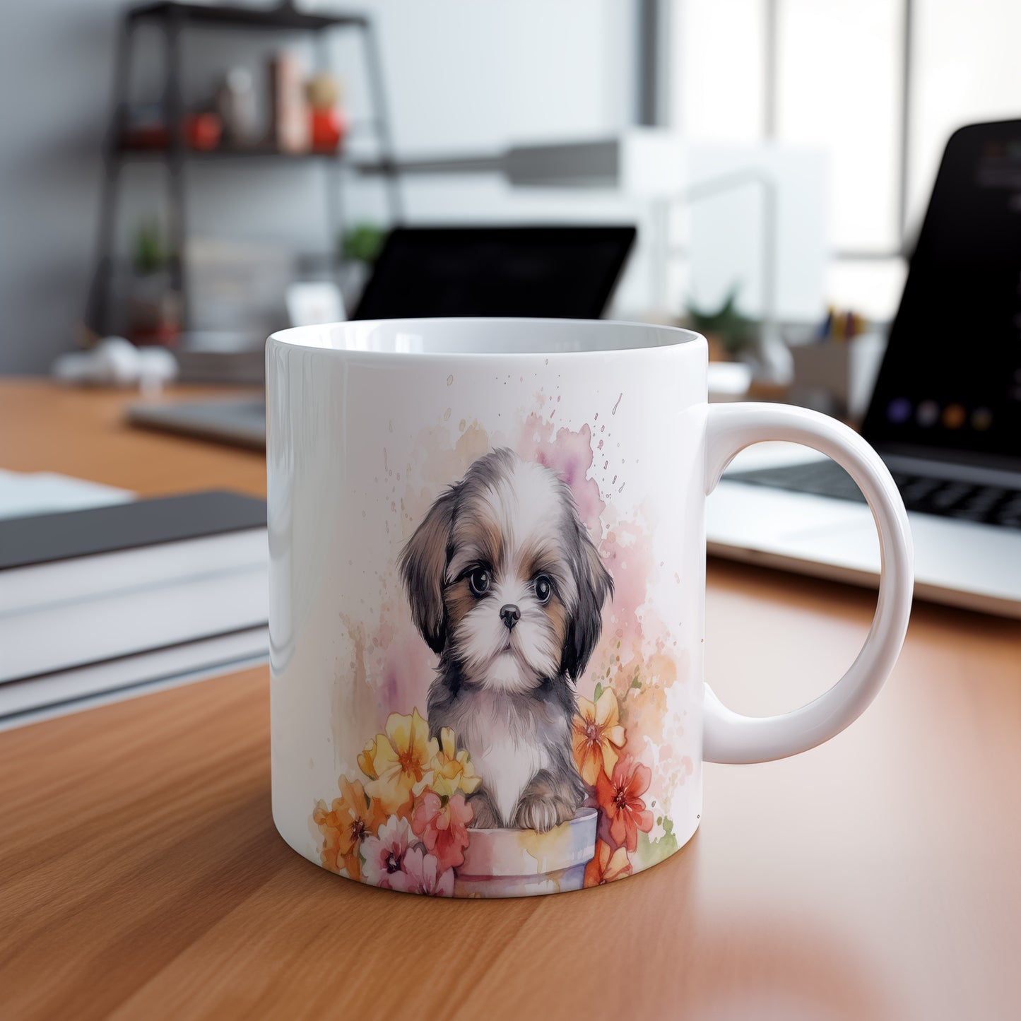 Hrnek s roztomilým shih tzu a květinami v pastelových tónech