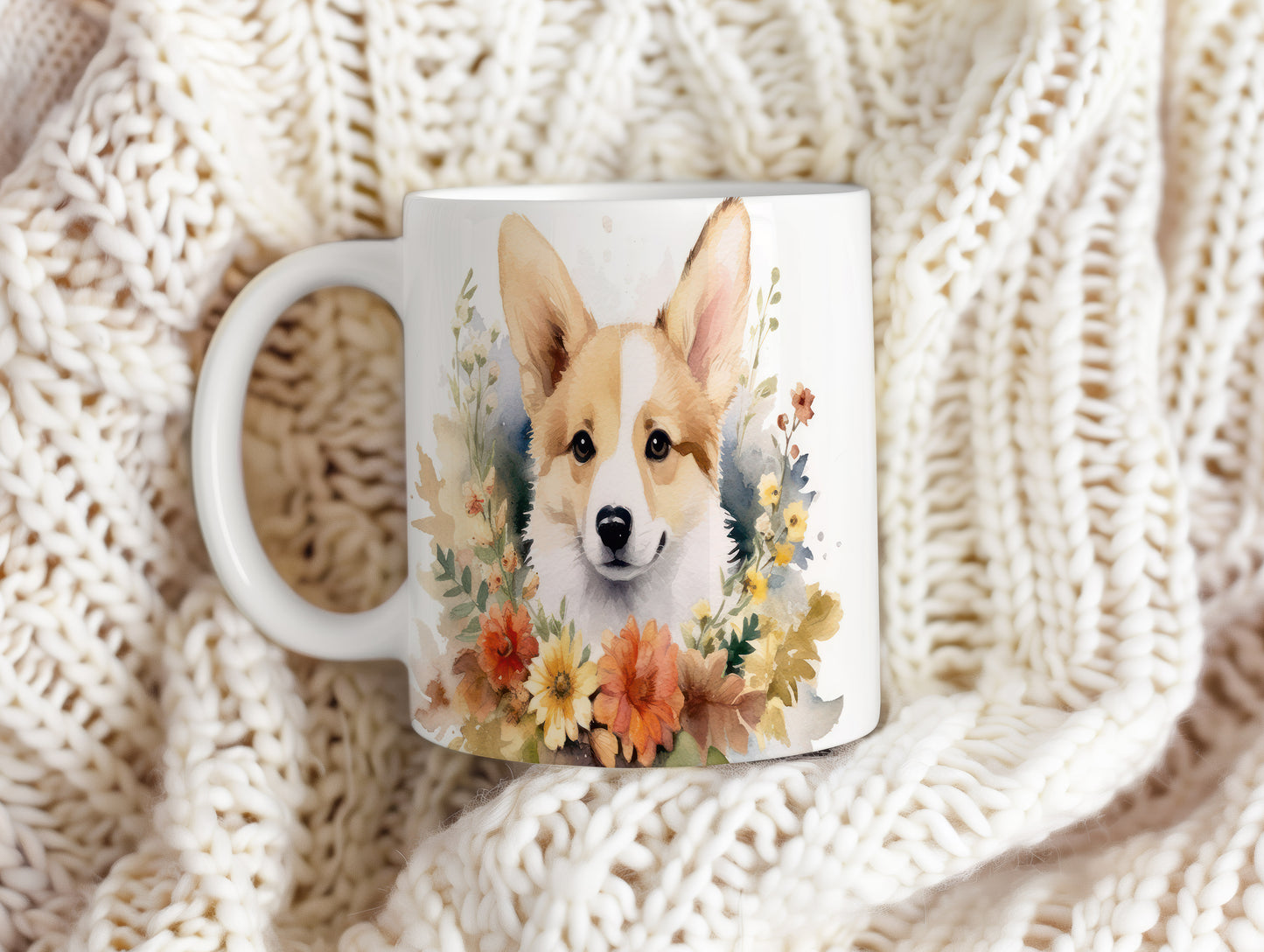 Hrnek s ilustrací roztomilého corgiho obklopeného květinami