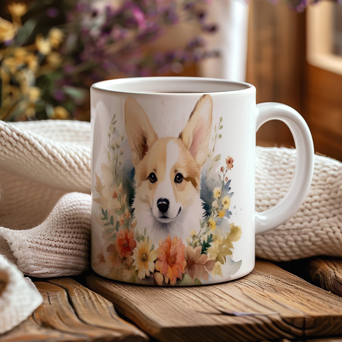 Hrnek s ilustrací roztomilého corgiho obklopeného květinami
