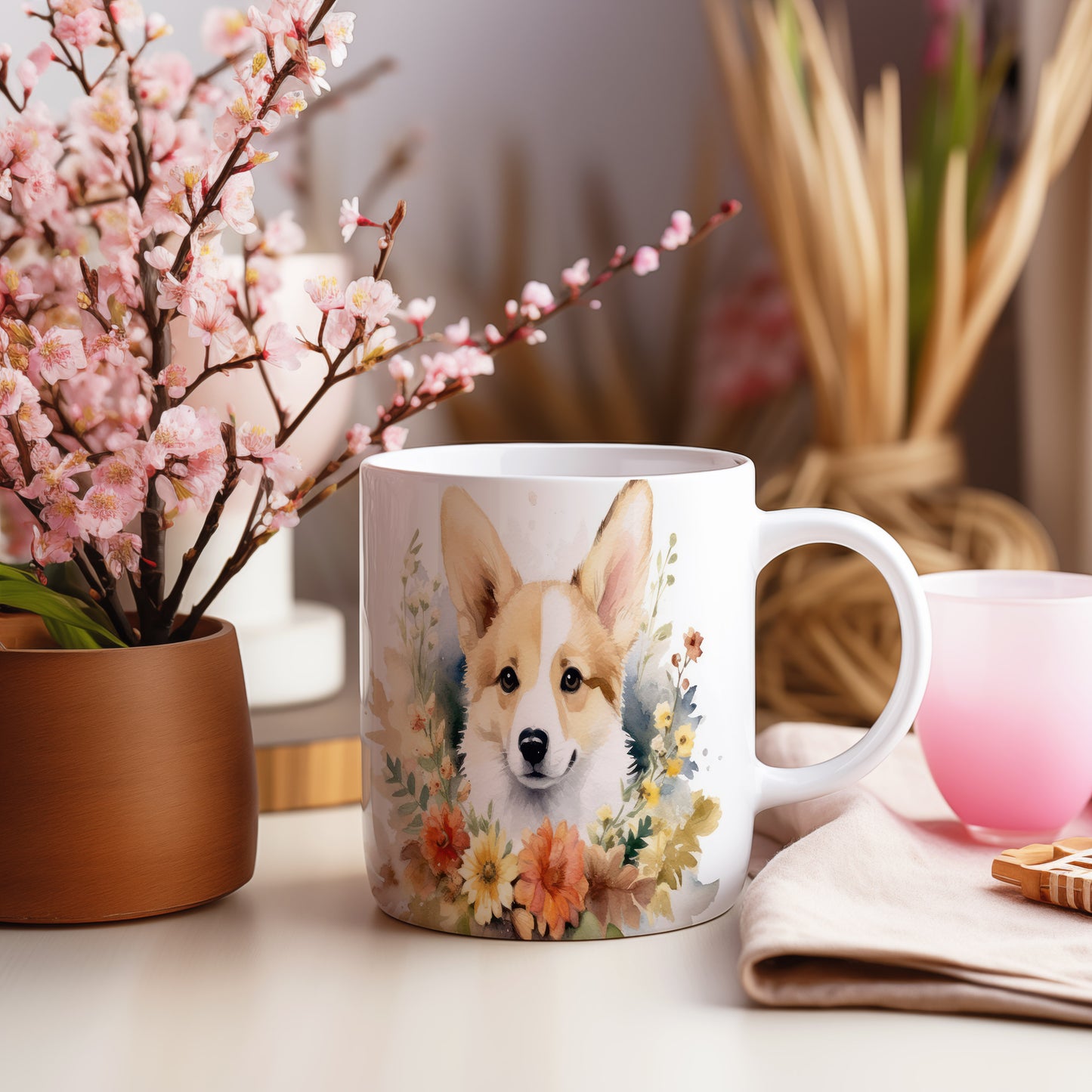 Hrnek s ilustrací roztomilého corgiho obklopeného květinami