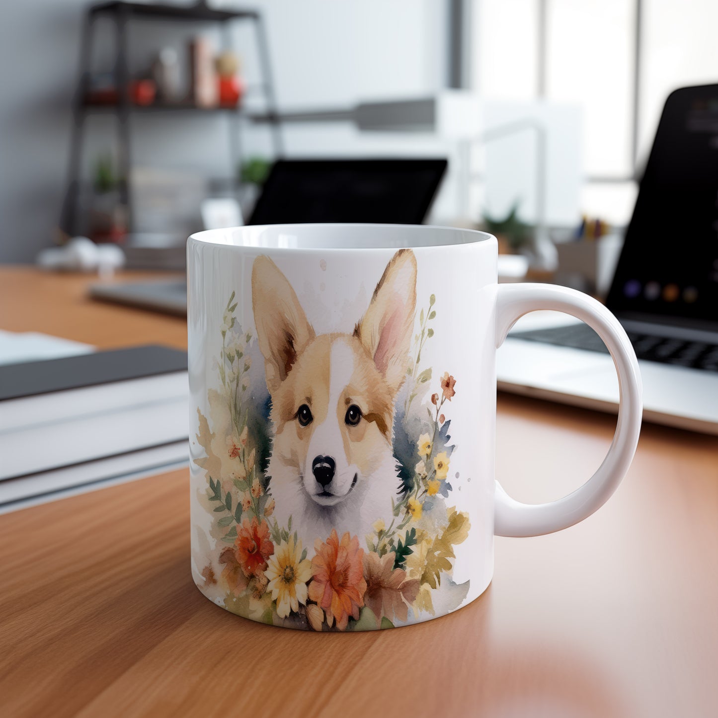 Hrnek s ilustrací roztomilého corgiho obklopeného květinami
