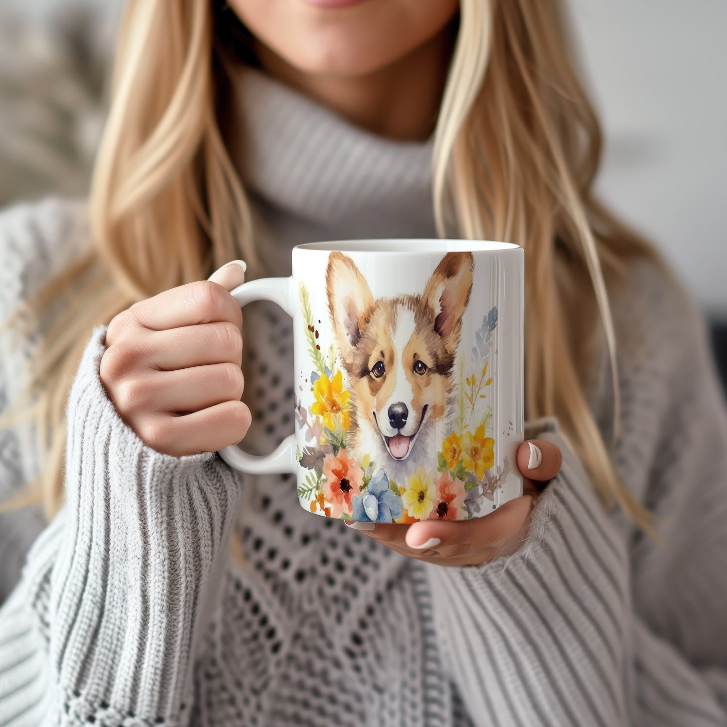 Hrnek s roztomilým welsh corgi a květinovým vzorem