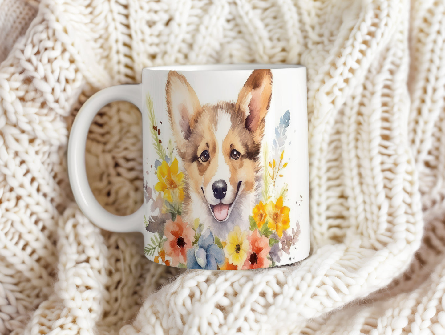 Hrnek s roztomilým welsh corgi a květinovým vzorem