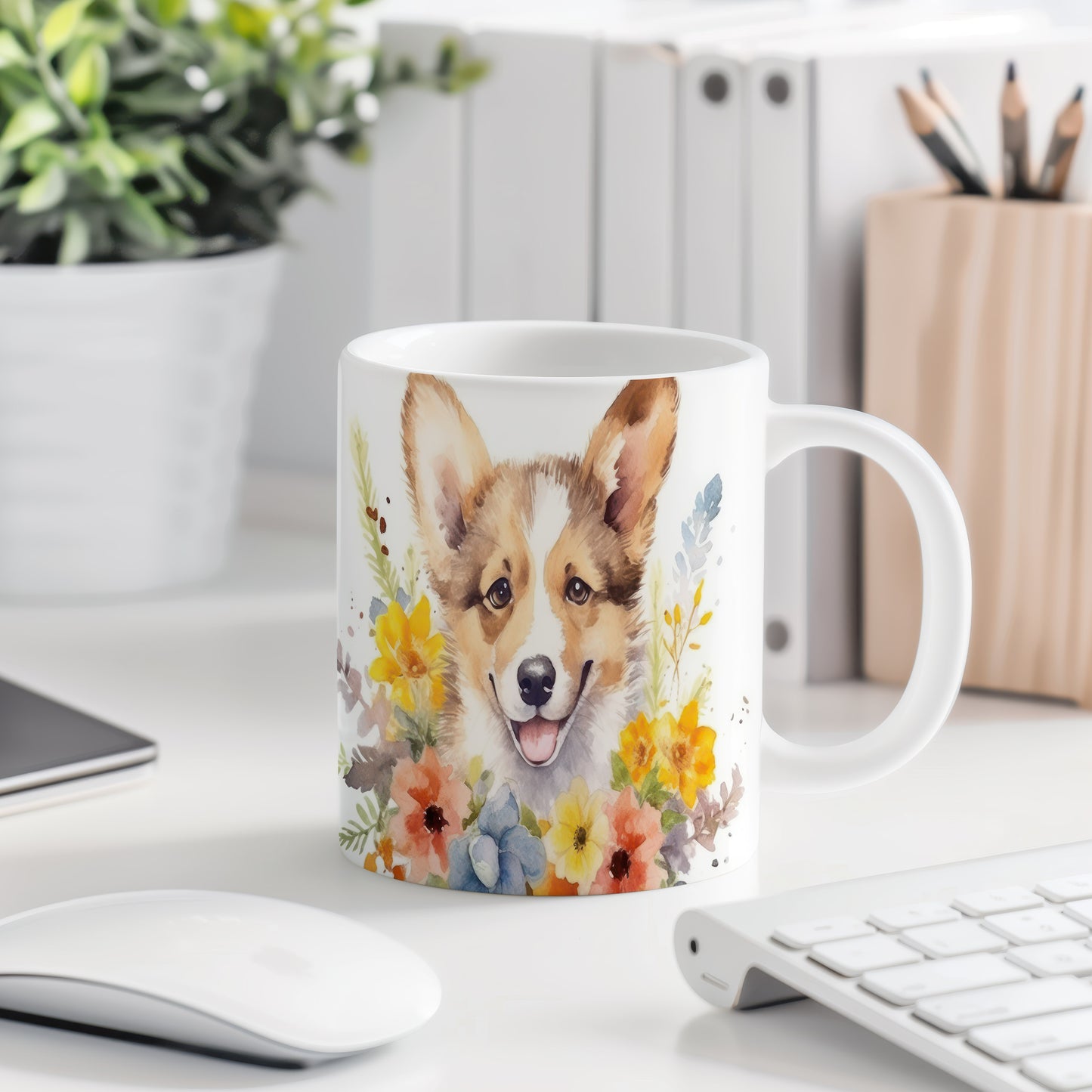 Hrnek s roztomilým welsh corgi a květinovým vzorem