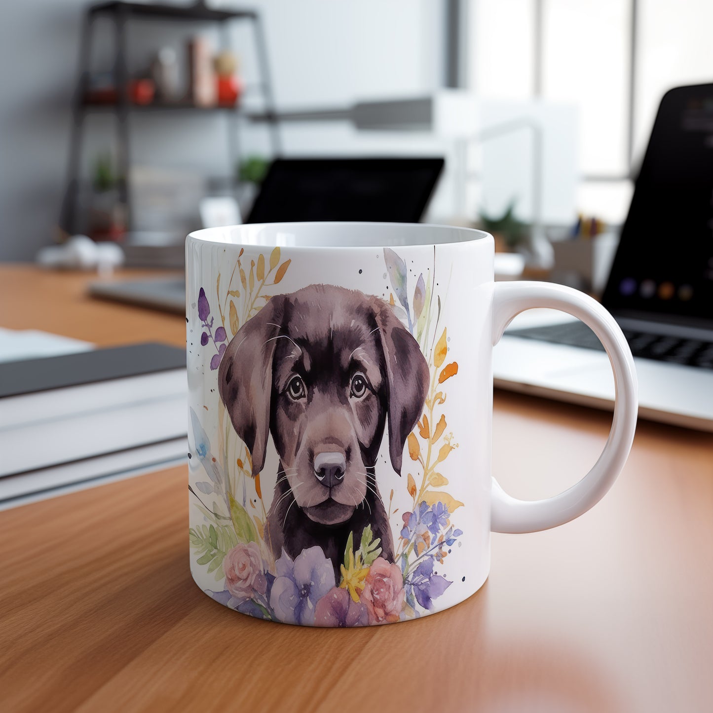 Hrnek s malým černým labradorem a květinovým motivem