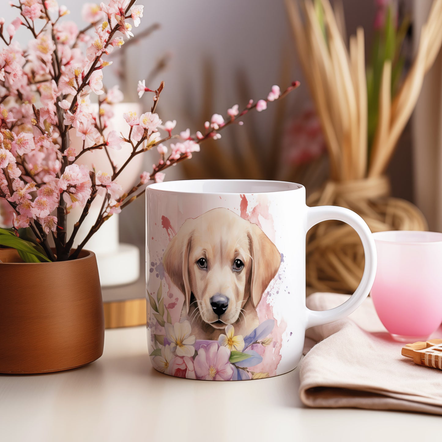 Hrnek s roztomilým labradorským štěnětem a květinami