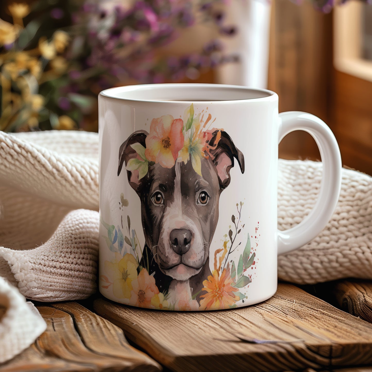 Hrnek s roztomilým pitbullem a květinovým motivem
